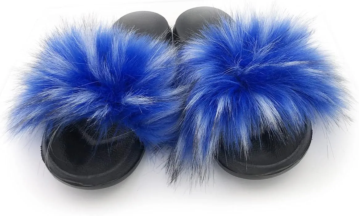 Unpafcxddyig Women's Fur Slide Slipper Open Toe Sandal with Soft Furry Faux Fox Fur House Outdoor Slippers