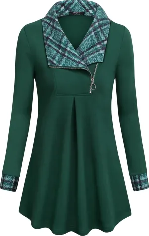 VALOLIA Women's Casual Swing Sweatshirt Long Sleeve Zipper Lapel Fashion Pullover Tunic
