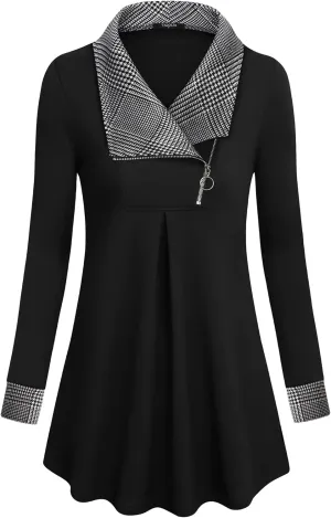 VALOLIA Women's Casual Swing Sweatshirt Long Sleeve Zipper Lapel Fashion Pullover Tunic