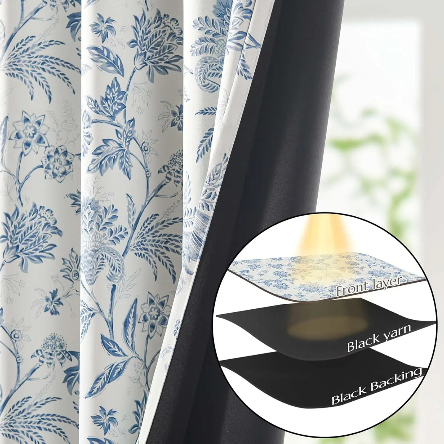 Vangao 100% Blackout Curtains for Bedroom 63 Inches Long, Floral Curtains for Living Room Printed Flower Blackout Drapes Rod Pocket Thermal Farmhouse Drapes Window Treatments, 2 Panels Blue and White
