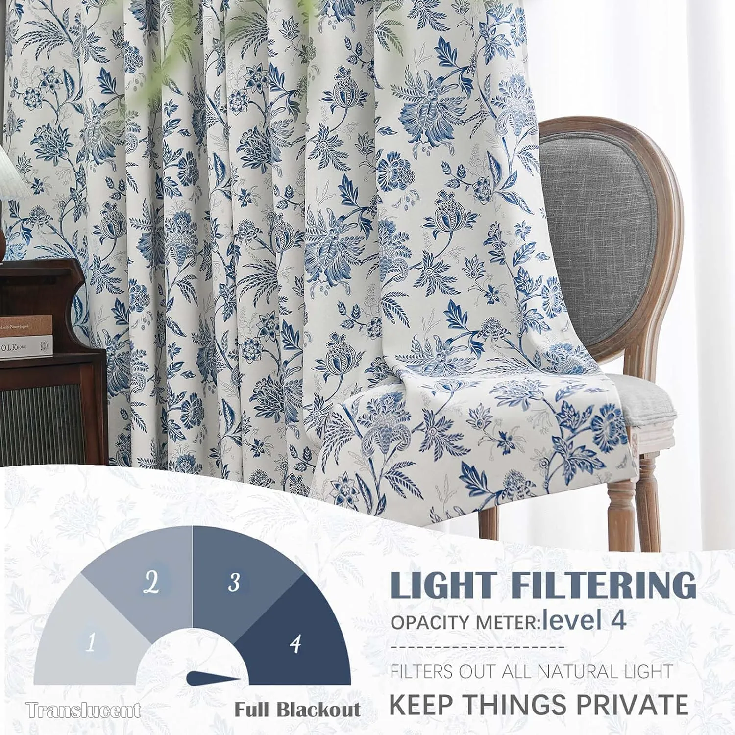 Vangao 100% Blackout Curtains for Bedroom 63 Inches Long, Floral Curtains for Living Room Printed Flower Blackout Drapes Rod Pocket Thermal Farmhouse Drapes Window Treatments, 2 Panels Blue and White