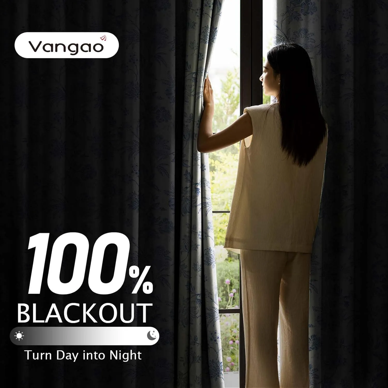 Vangao 100% Blackout Curtains for Bedroom 63 Inches Long, Floral Curtains for Living Room Printed Flower Blackout Drapes Rod Pocket Thermal Farmhouse Drapes Window Treatments, 2 Panels Blue and White
