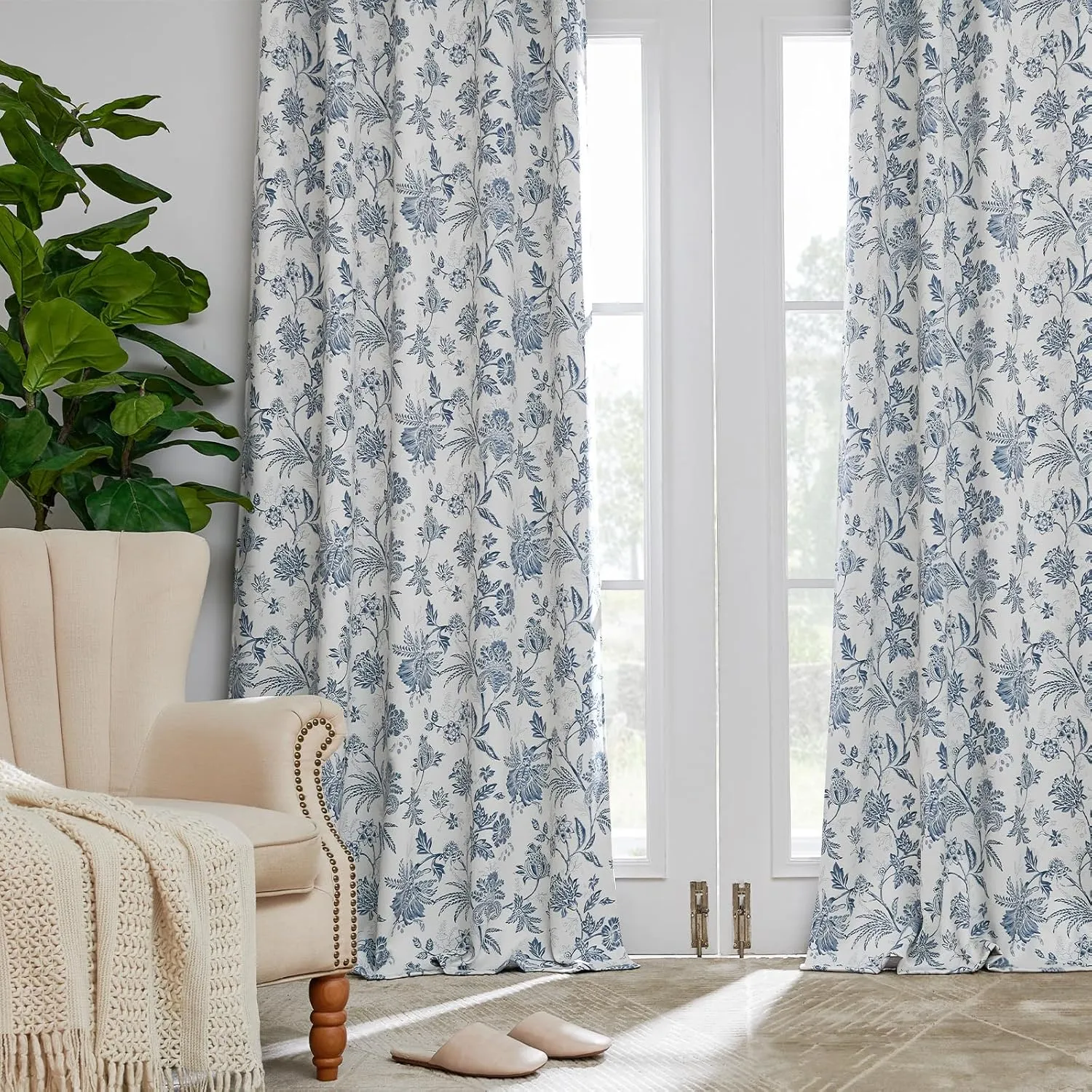 Vangao 100% Blackout Curtains for Bedroom 63 Inches Long, Floral Curtains for Living Room Printed Flower Blackout Drapes Rod Pocket Thermal Farmhouse Drapes Window Treatments, 2 Panels Blue and White