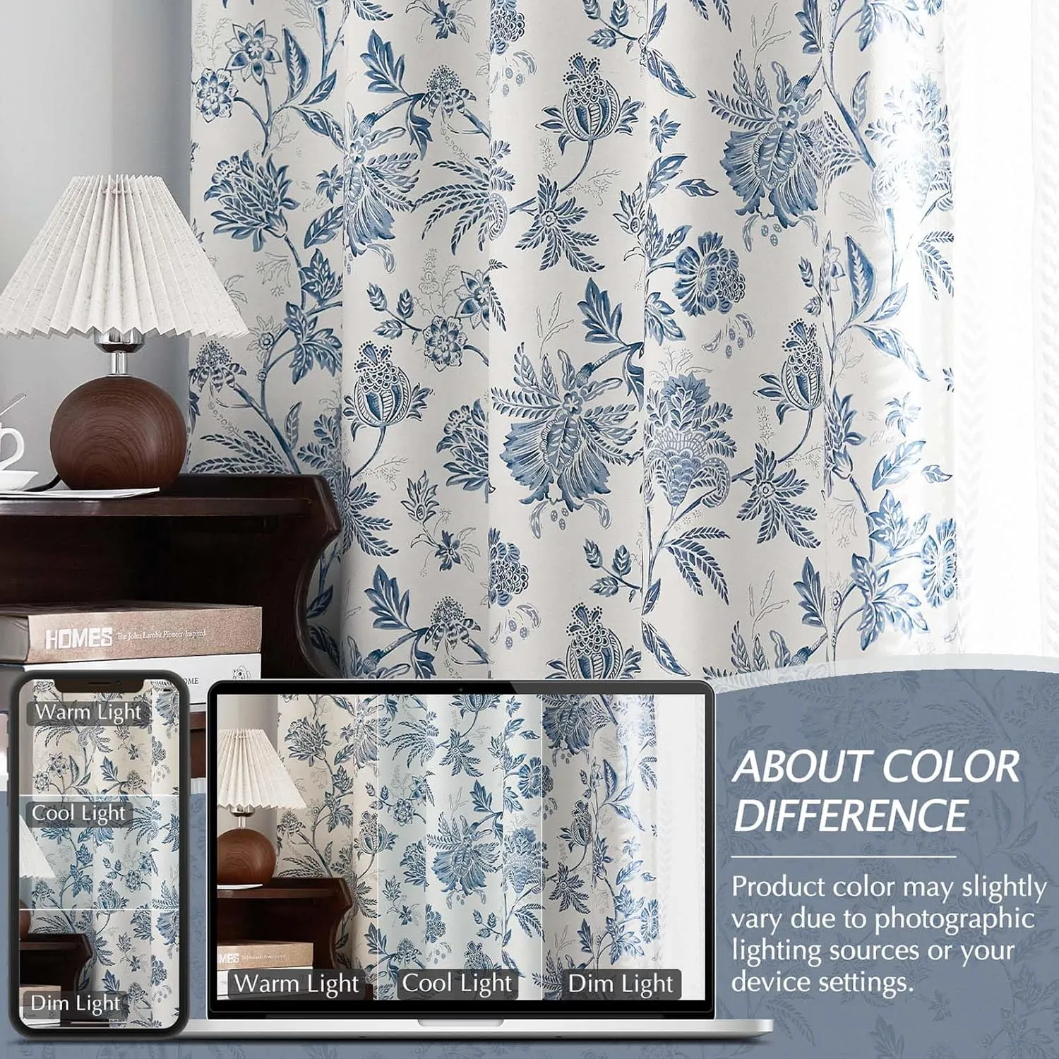 Vangao 100% Blackout Curtains for Bedroom 63 Inches Long, Floral Curtains for Living Room Printed Flower Blackout Drapes Rod Pocket Thermal Farmhouse Drapes Window Treatments, 2 Panels Blue and White
