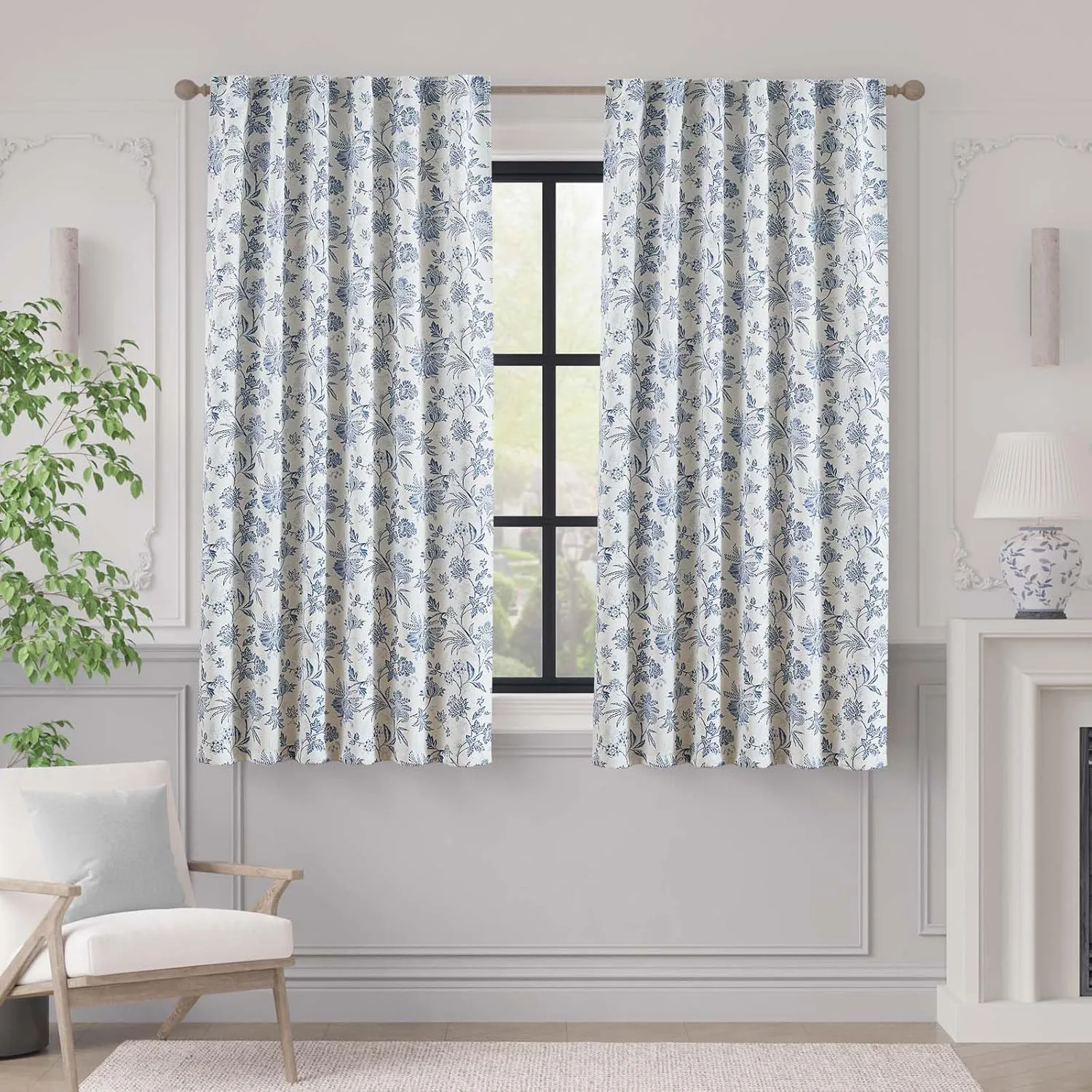 Vangao 100% Blackout Curtains for Bedroom 63 Inches Long, Floral Curtains for Living Room Printed Flower Blackout Drapes Rod Pocket Thermal Farmhouse Drapes Window Treatments, 2 Panels Blue and White