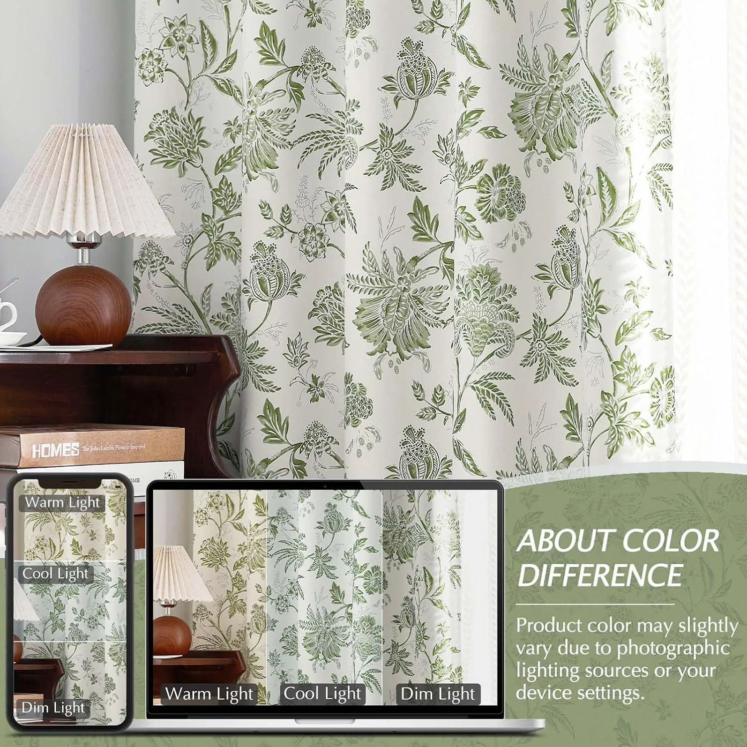 Vangao 100% Blackout Curtains for Bedroom 63 Inches Long, Floral Curtains for Living Room Printed Flower Blackout Drapes Rod Pocket Thermal Farmhouse Drapes Window Treatments, 2 Panels Green and White