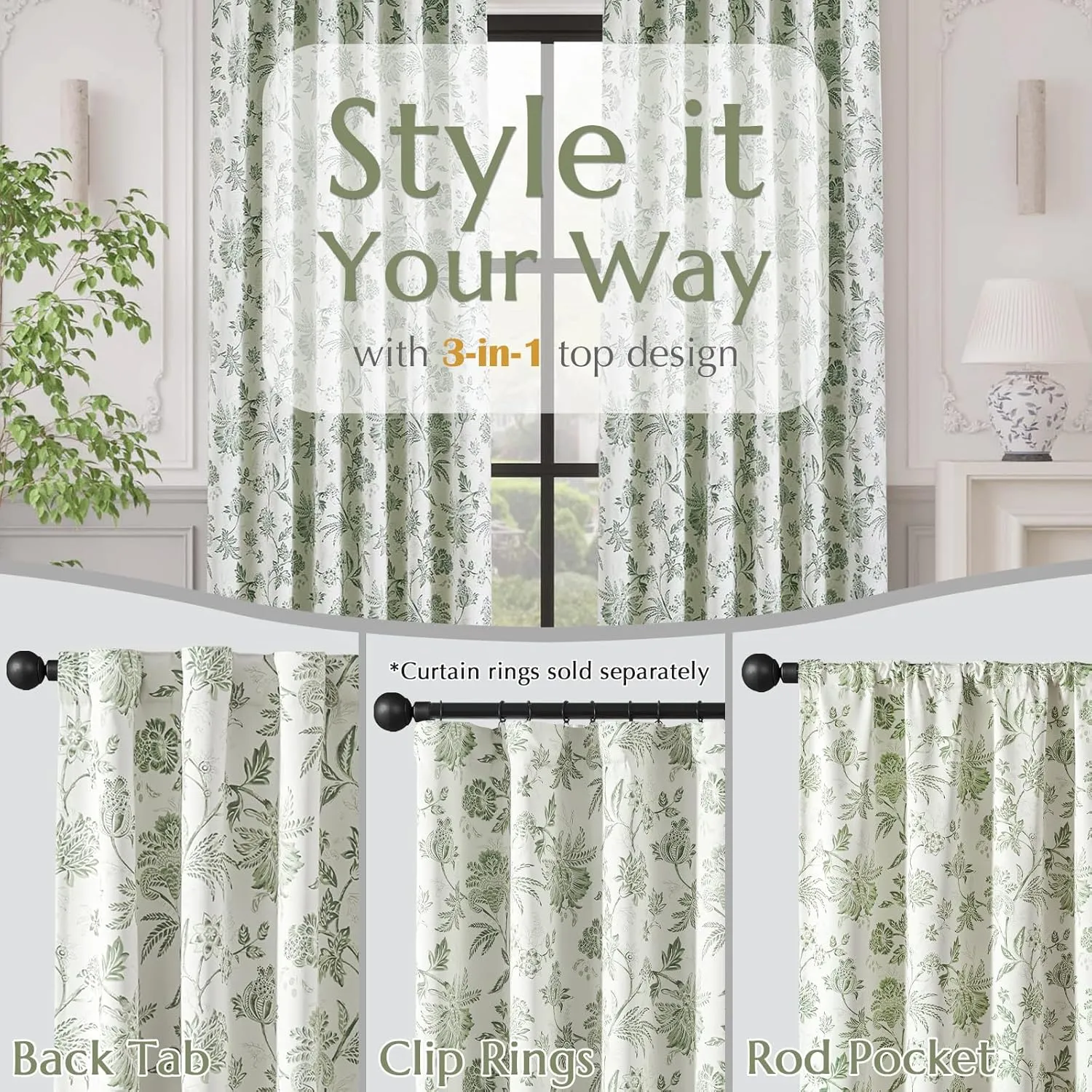 Vangao 100% Blackout Curtains for Bedroom 63 Inches Long, Floral Curtains for Living Room Printed Flower Blackout Drapes Rod Pocket Thermal Farmhouse Drapes Window Treatments, 2 Panels Green and White