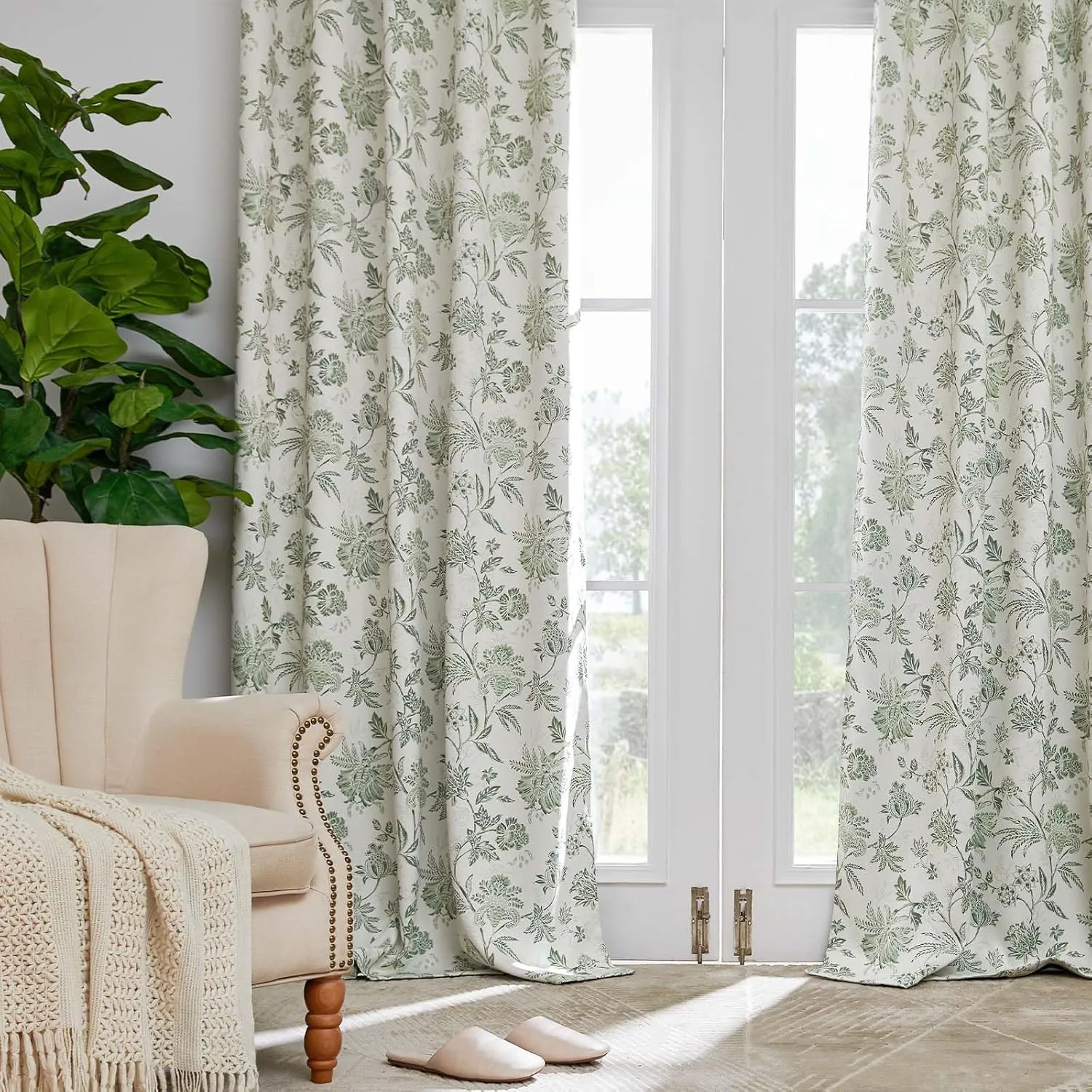 Vangao 100% Blackout Curtains for Bedroom 63 Inches Long, Floral Curtains for Living Room Printed Flower Blackout Drapes Rod Pocket Thermal Farmhouse Drapes Window Treatments, 2 Panels Green and White
