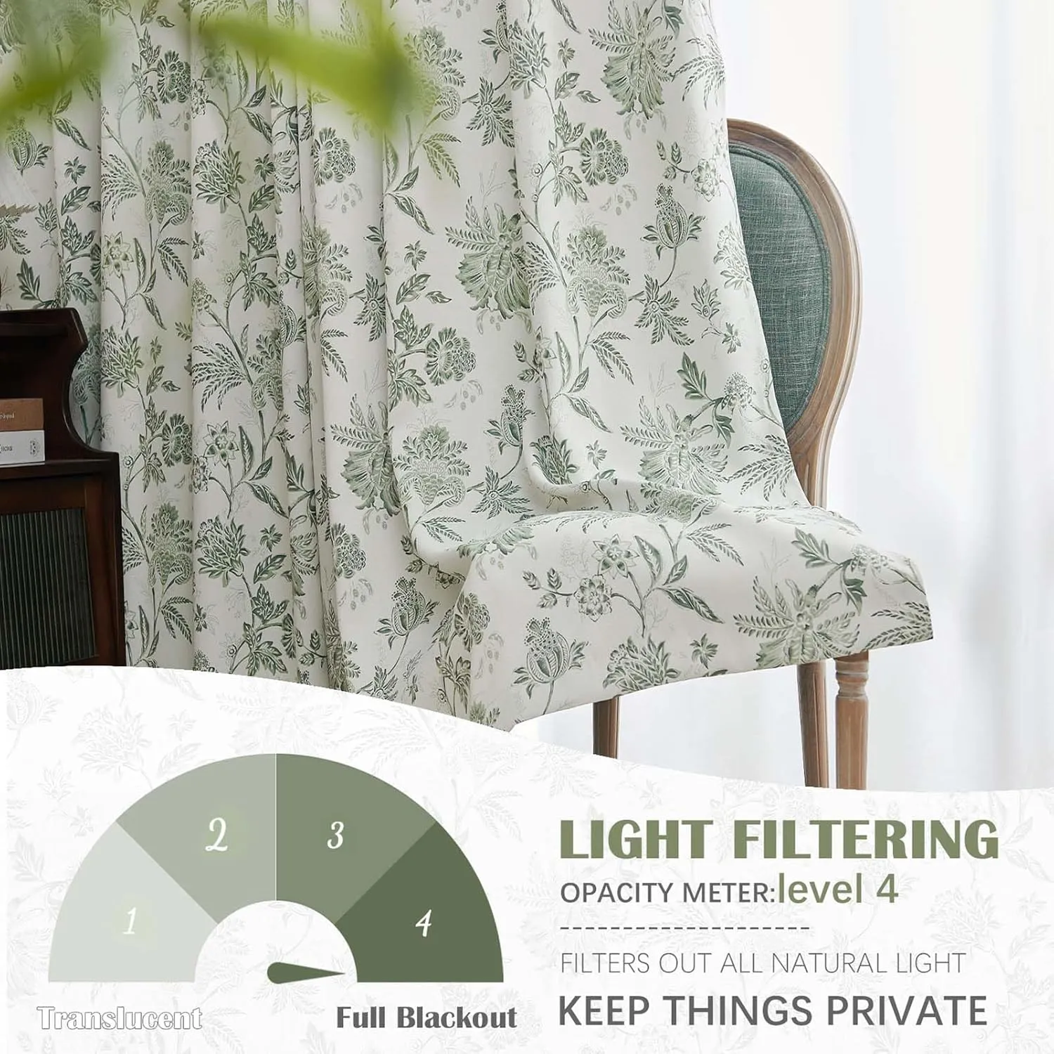 Vangao 100% Blackout Curtains for Bedroom 63 Inches Long, Floral Curtains for Living Room Printed Flower Blackout Drapes Rod Pocket Thermal Farmhouse Drapes Window Treatments, 2 Panels Green and White