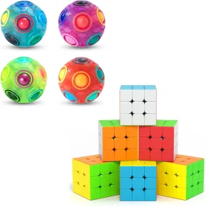 Vdealen 4 Pack Rainbow Puzzle Ball and 6 Pack 3x3x3 Stickerless Magic Cube Bundle