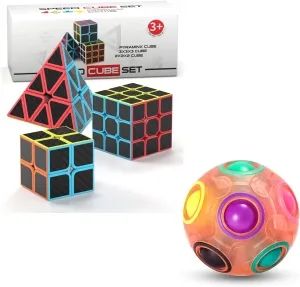 Vdealen Rainbow Puzzle Ball and 2x2x2 3x3x3 Pyramid Carbon Fiber Sticker Magic Cube Bundle