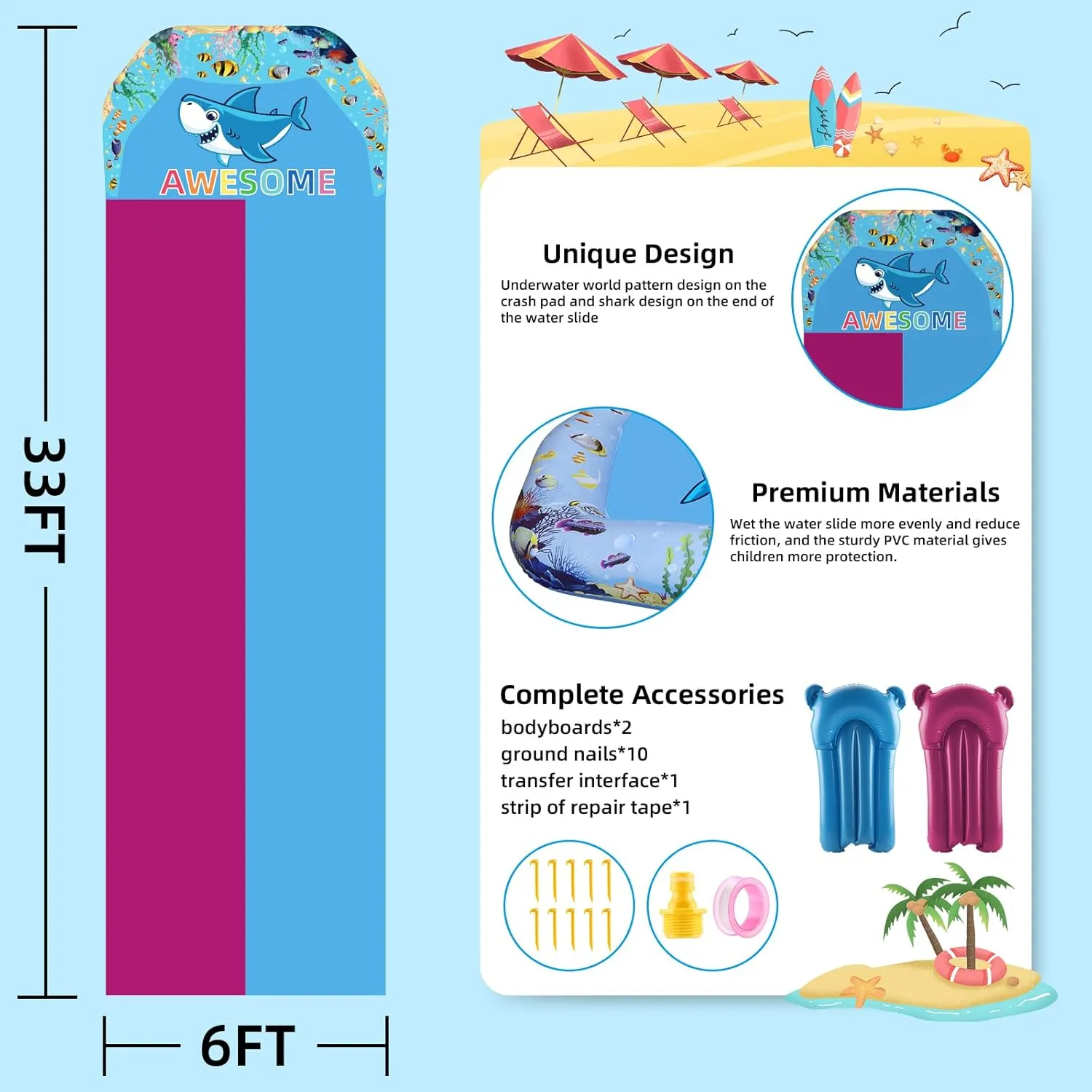 VEEST 33 FT Extra Long Water Slides for Kids Adults, Giant Double Lawn Water Slip Heavy Duty with 2 Bodyboards, Summer Water Slides with Crash Pad for Backyard Outdoor