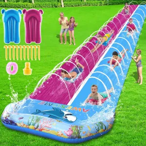 VEEST 33 FT Extra Long Water Slides for Kids Adults, Giant Double Lawn Water Slip Heavy Duty with 2 Bodyboards, Summer Water Slides with Crash Pad for Backyard Outdoor