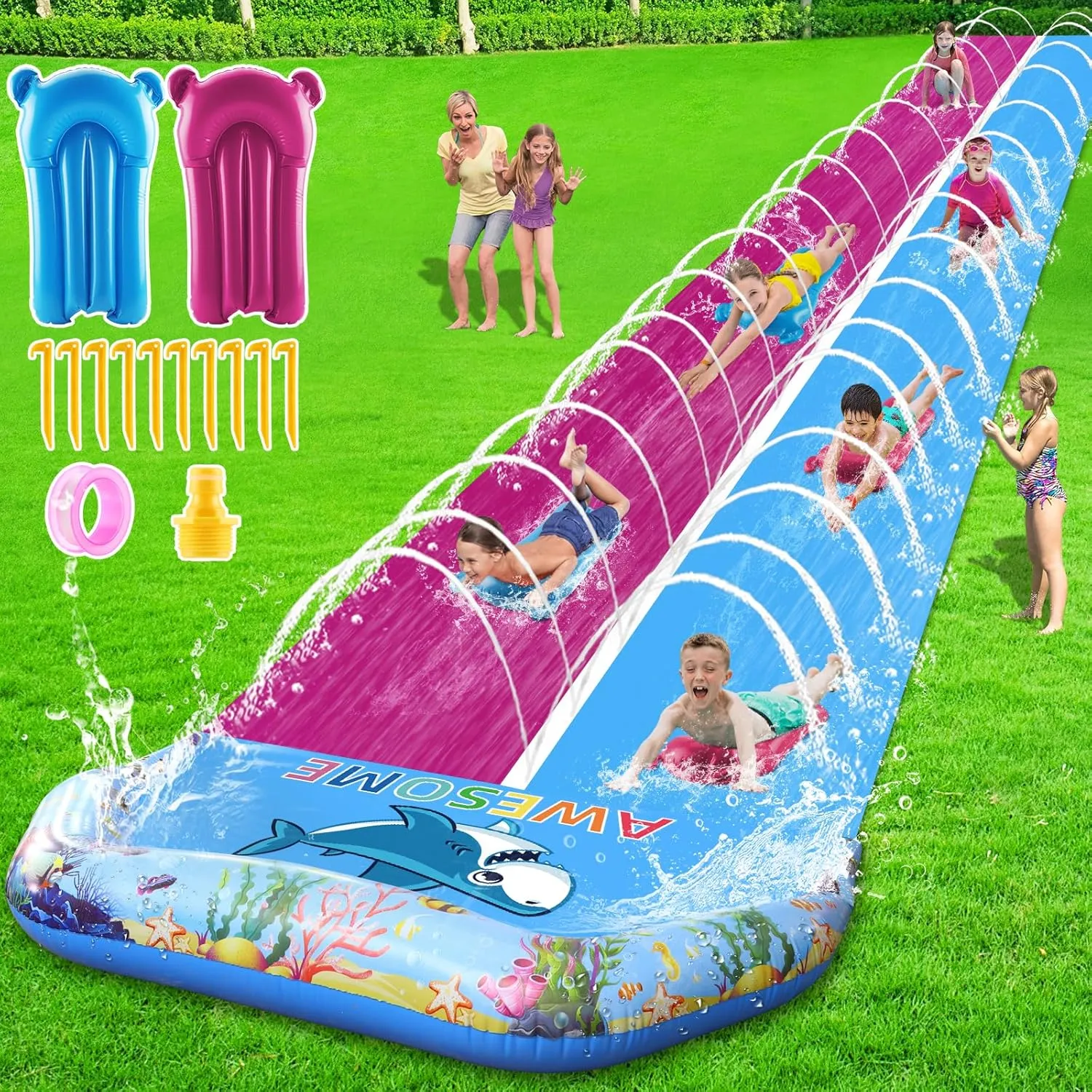 VEEST 33 FT Extra Long Water Slides for Kids Adults, Giant Double Lawn Water Slip Heavy Duty with 2 Bodyboards, Summer Water Slides with Crash Pad for Backyard Outdoor