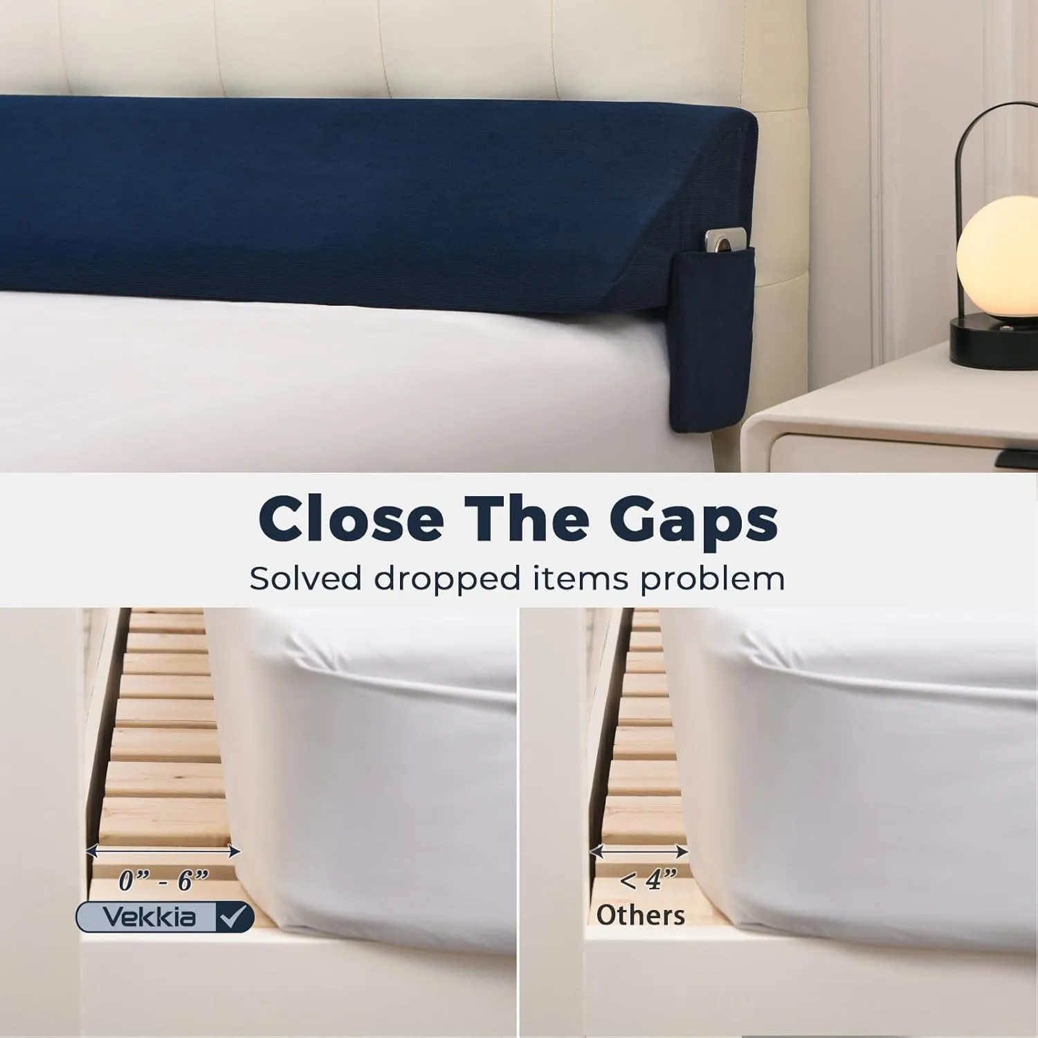 Vekkia King Bed Wedge Pillow for Headboard/Bed Mattress Gap Filler Wedge,Bed Gap Filler Close Gap (0-6"),Stop Pillow Falling Down-(Blue 76"x10"x6")