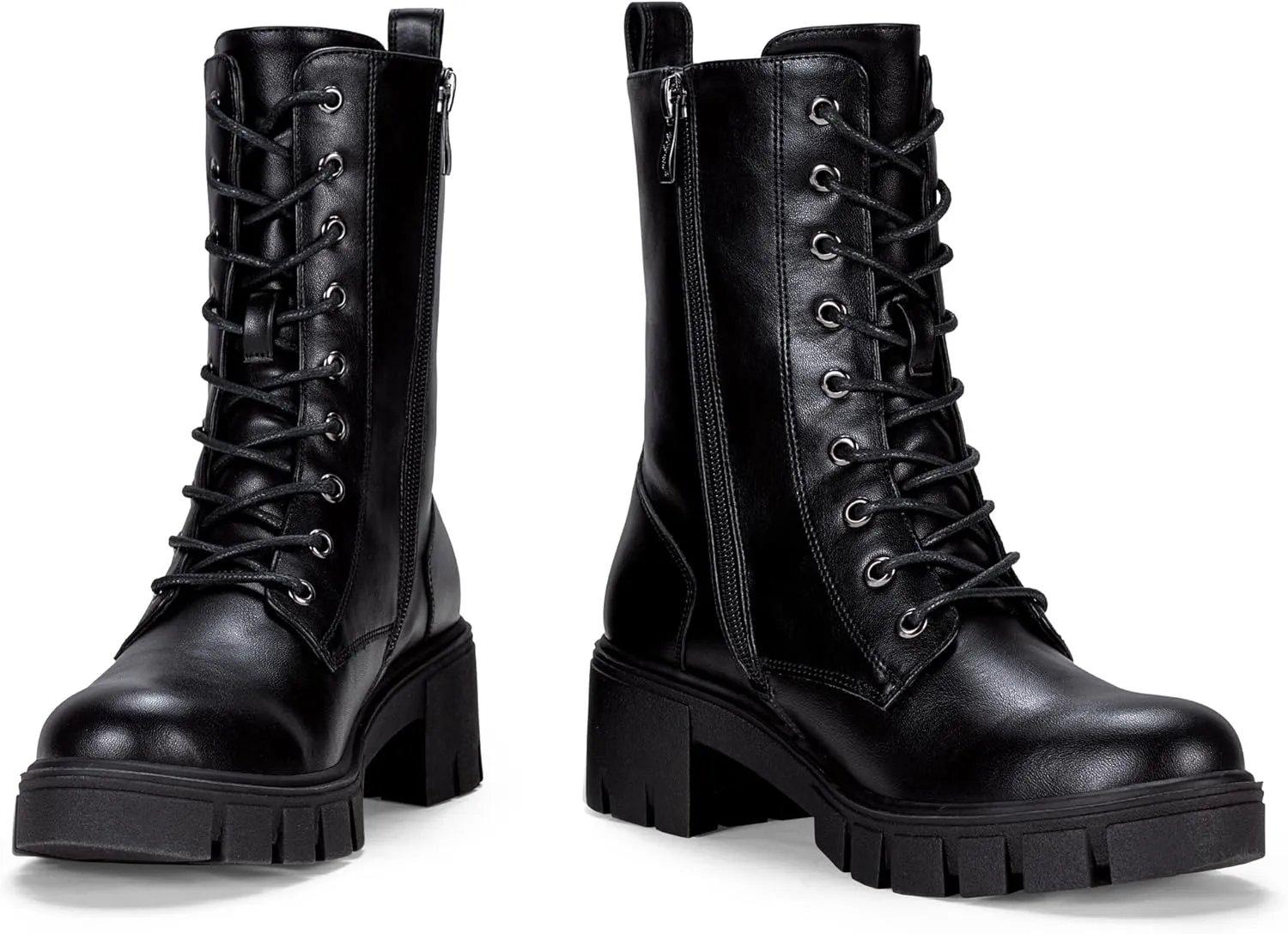 Vepose Women's Mid Calf Combat Boots Lace-up Elastic Chunky Platform Boot with Side Zipper
