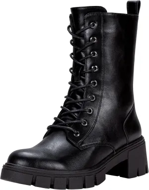 Vepose Women's Mid Calf Combat Boots Lace-up Elastic Chunky Platform Boot with Side Zipper
