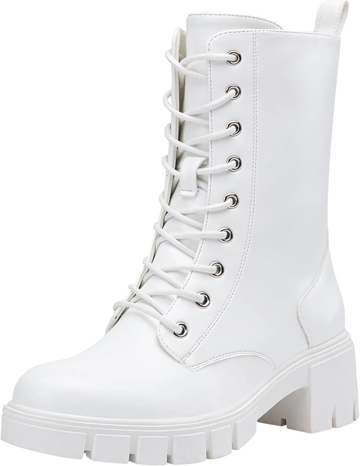 Vepose Women's Mid Calf Combat Boots Lace-up Elastic Chunky Platform Boot with Side Zipper