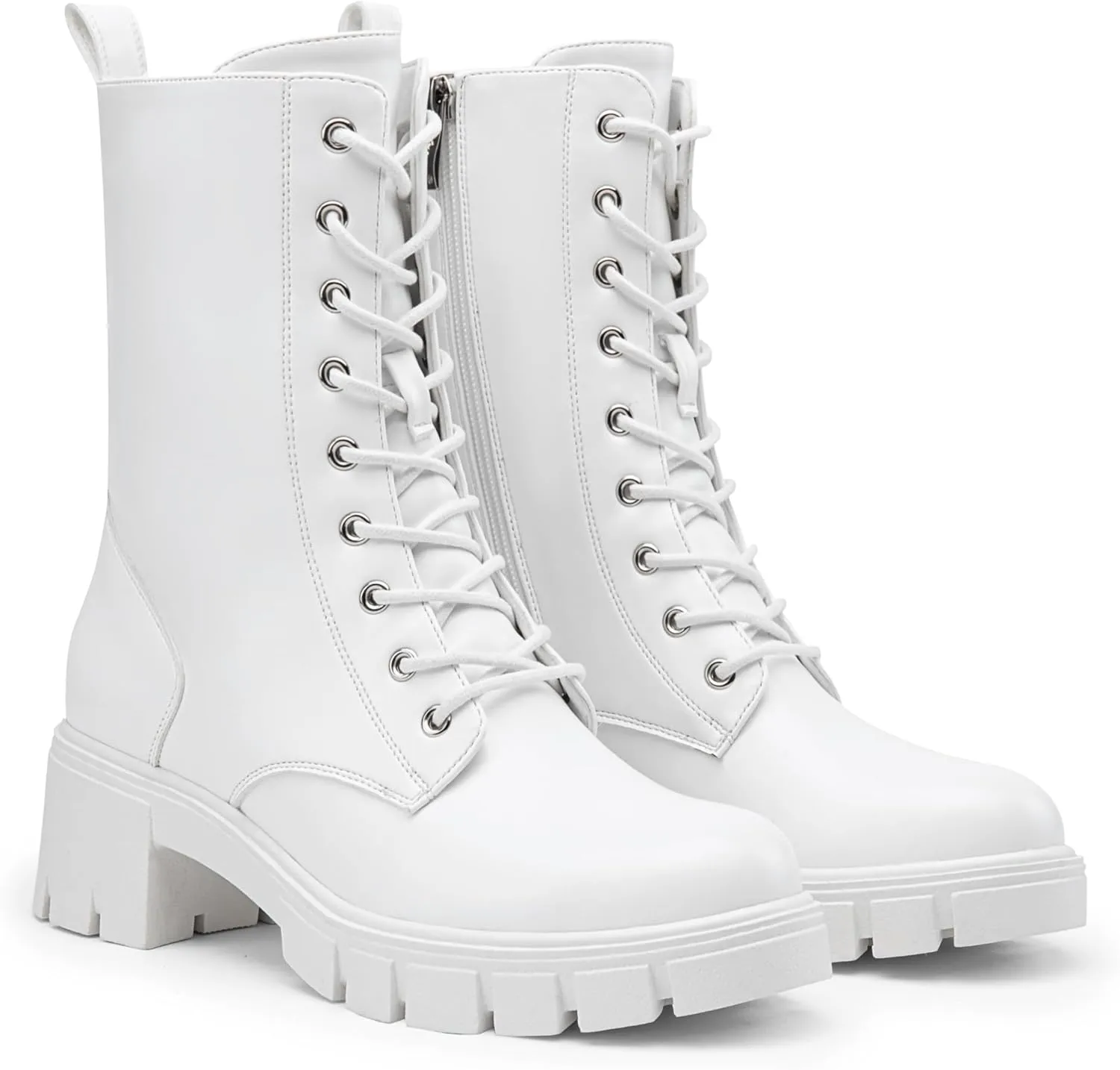 Vepose Women's Mid Calf Combat Boots Lace-up Elastic Chunky Platform Boot with Side Zipper