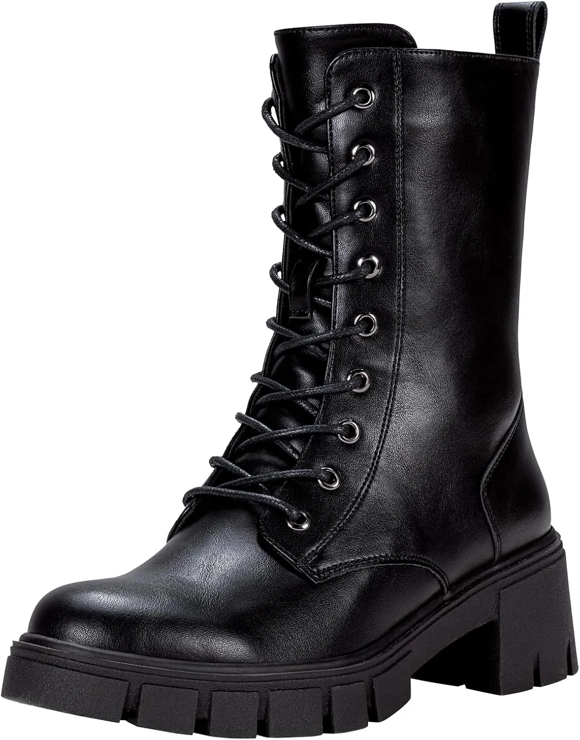 Vepose Women's Mid Calf Combat Boots Lace-up Elastic Chunky Platform Boot with Side Zipper