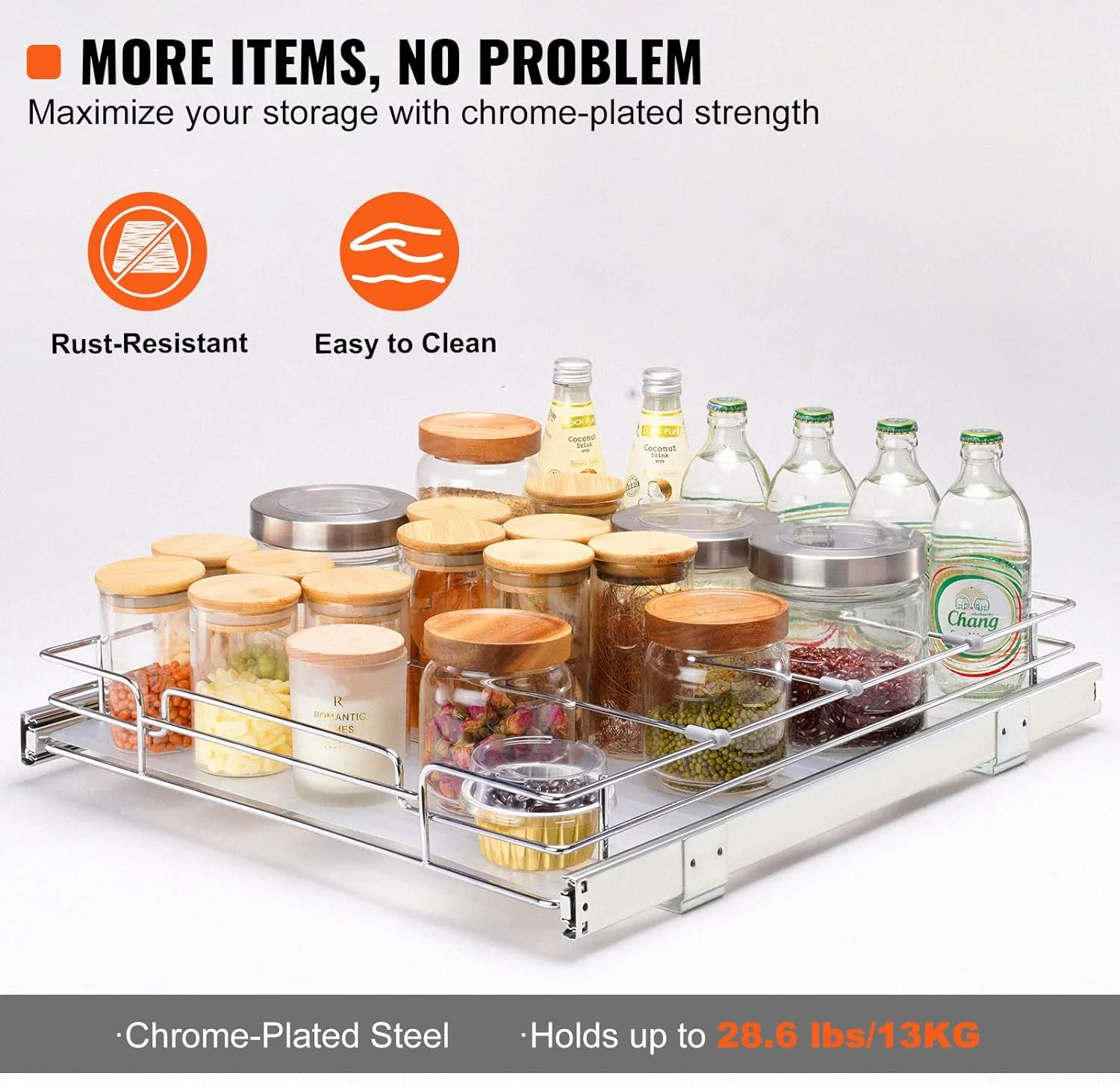VEVOR 15.5" Wx21 Dx3.5 H Pull Out Cabinet Organizer, Heavy Duty Slide Out Pantry Shelves, Chrome-Plated Steel Roll Out Drawers, Storage for Home Under Sink, 17" Wx22 Dx7 H Install Size for Cabinet