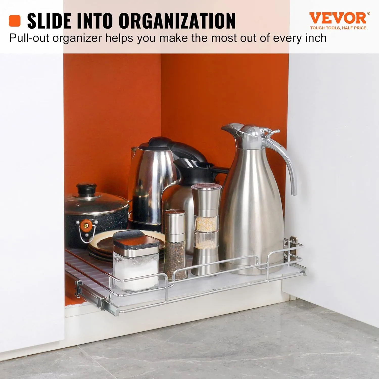 VEVOR 15.5" Wx21 Dx3.5 H Pull Out Cabinet Organizer, Heavy Duty Slide Out Pantry Shelves, Chrome-Plated Steel Roll Out Drawers, Storage for Home Under Sink, 17" Wx22 Dx7 H Install Size for Cabinet