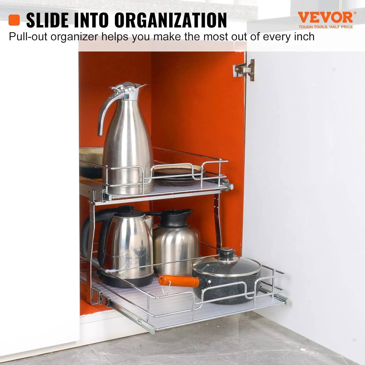 VEVOR 2 Tier 17"Wx21"Dx15"H Pull Out Cabinet Organizer, Heavy Duty Slide Out Pantry Shelves, Chrome-Plated Steel Roll Out Drawers, Sliding Drawer Storage, 18.5"Wx22"Dx18"H Install Size for Cabinet