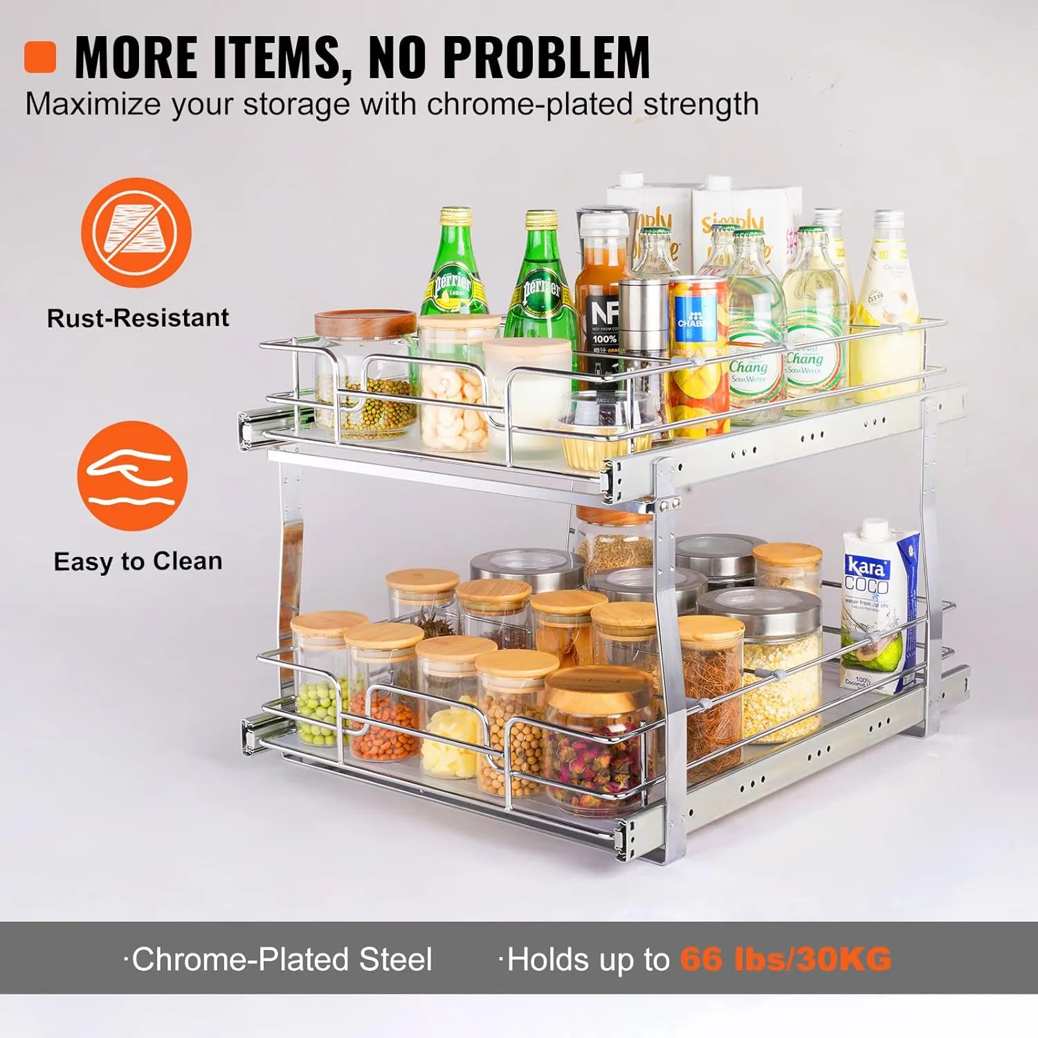 VEVOR 2 Tier 17"Wx21"Dx15"H Pull Out Cabinet Organizer, Heavy Duty Slide Out Pantry Shelves, Chrome-Plated Steel Roll Out Drawers, Sliding Drawer Storage, 18.5"Wx22"Dx18"H Install Size for Cabinet