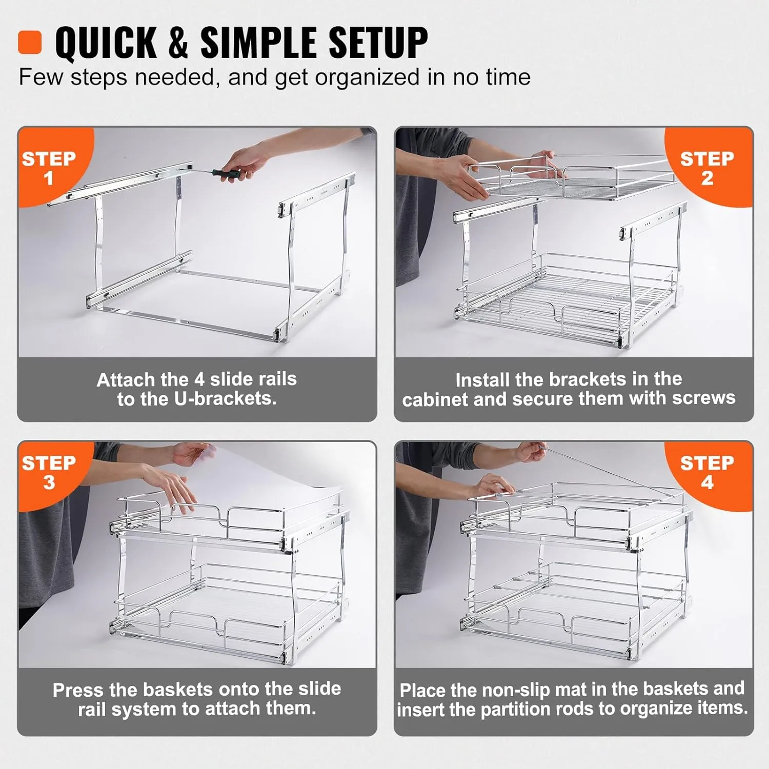 VEVOR 2 Tier 17"Wx21"Dx15"H Pull Out Cabinet Organizer, Heavy Duty Slide Out Pantry Shelves, Chrome-Plated Steel Roll Out Drawers, Sliding Drawer Storage, 18.5"Wx22"Dx18"H Install Size for Cabinet
