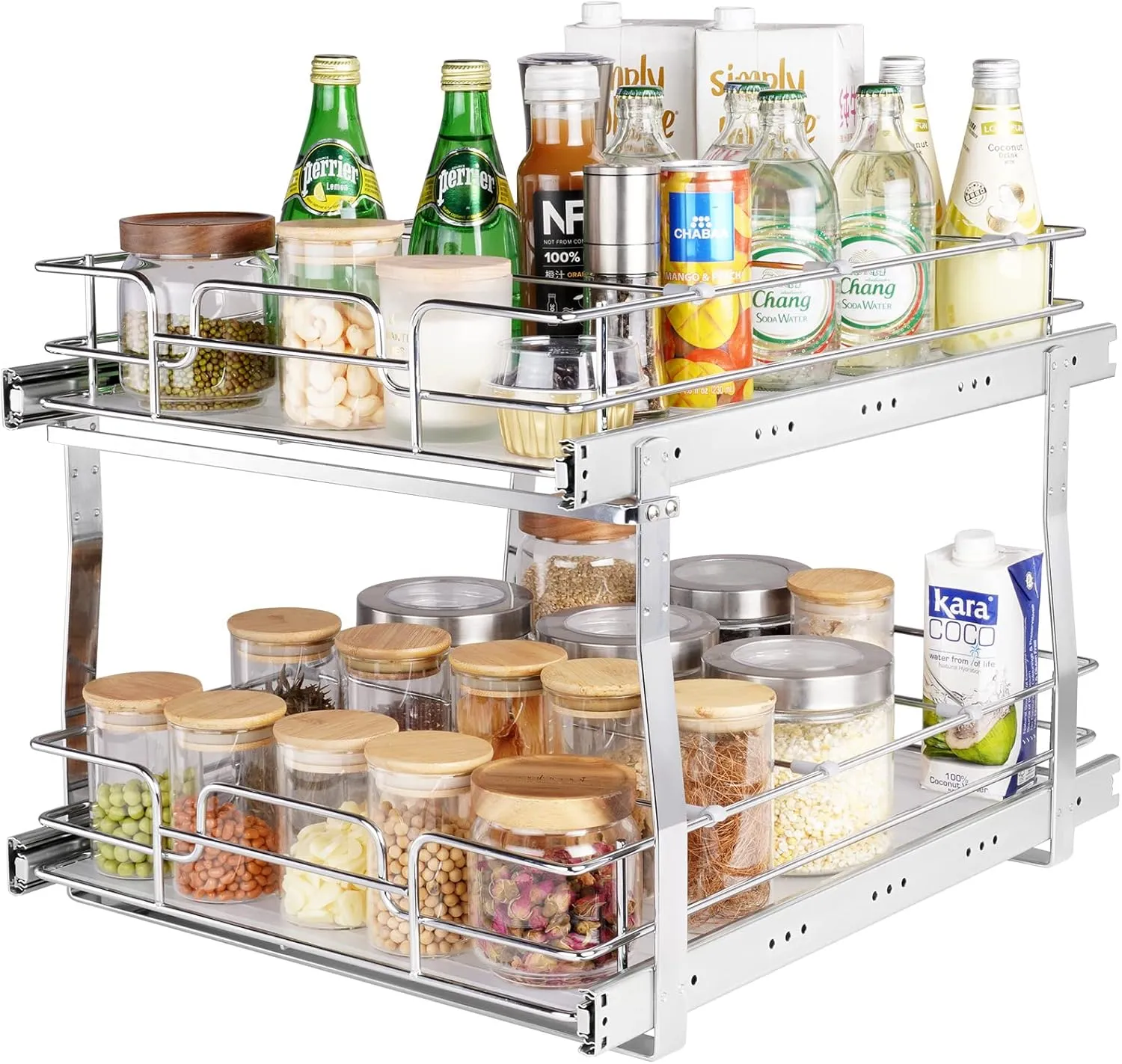 VEVOR 2 Tier 17"Wx21"Dx15"H Pull Out Cabinet Organizer, Heavy Duty Slide Out Pantry Shelves, Chrome-Plated Steel Roll Out Drawers, Sliding Drawer Storage, 18.5"Wx22"Dx18"H Install Size for Cabinet