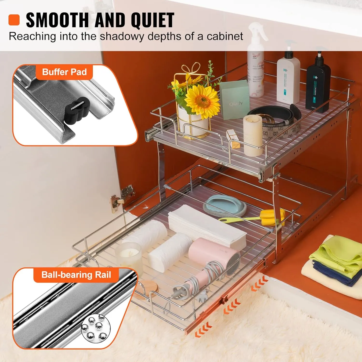 VEVOR 2 Tier 17"Wx21"Dx15"H Pull Out Cabinet Organizer, Heavy Duty Slide Out Pantry Shelves, Chrome-Plated Steel Roll Out Drawers, Sliding Drawer Storage, 18.5"Wx22"Dx18"H Install Size for Cabinet