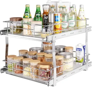 VEVOR 2 Tier 17"Wx21"Dx15"H Pull Out Cabinet Organizer, Heavy Duty Slide Out Pantry Shelves, Chrome-Plated Steel Roll Out Drawers, Sliding Drawer Storage, 18.5"Wx22"Dx18"H Install Size for Cabinet