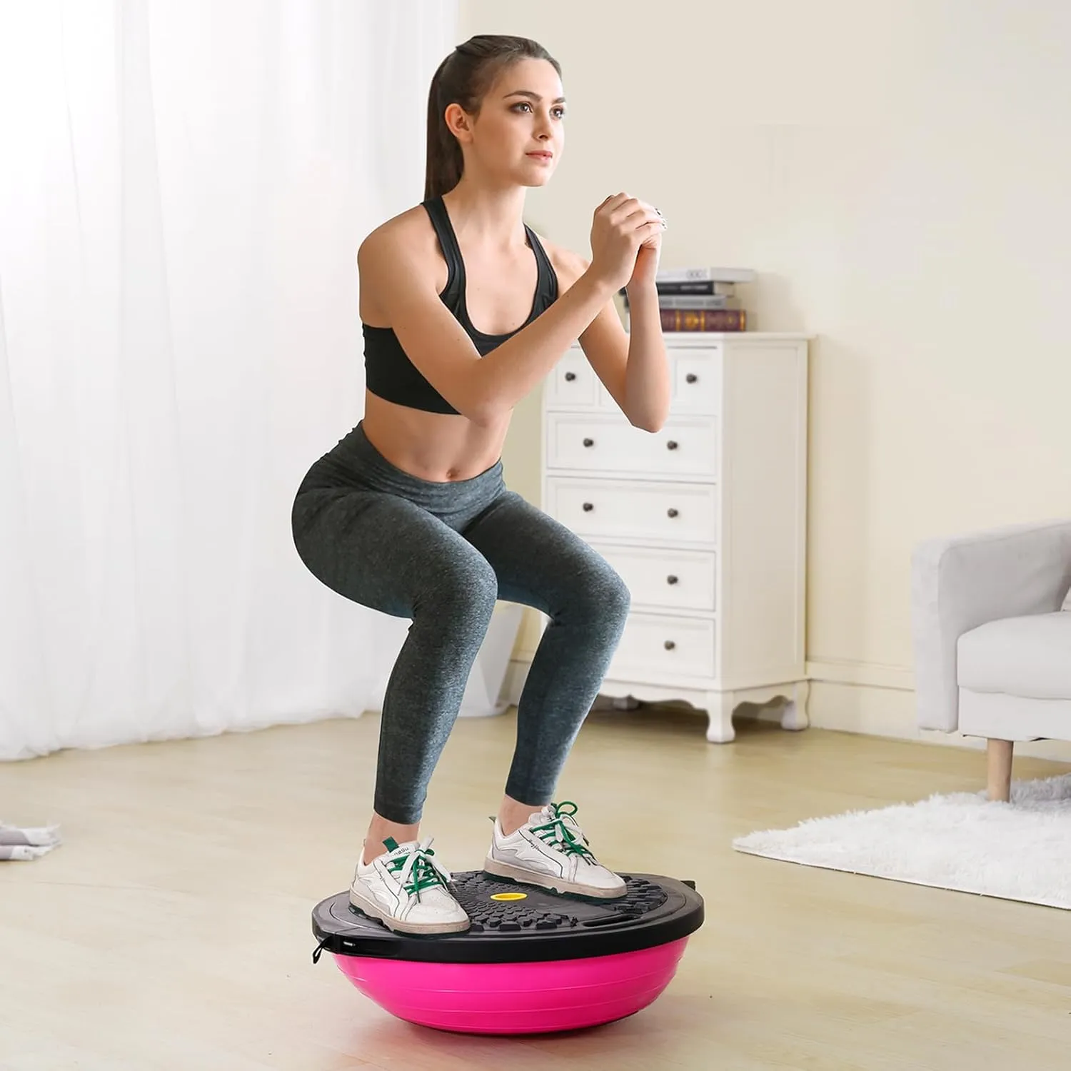 VEVOR Half Exercise Ball Trainer, 23/26 inch Balance Ball Trainer, 1500lbs Capacity Stability Ball, Yoga Ball with Resistance Bands & Foot Pump, Strength Fitness Ball for Home Gym Full Body Workout Black