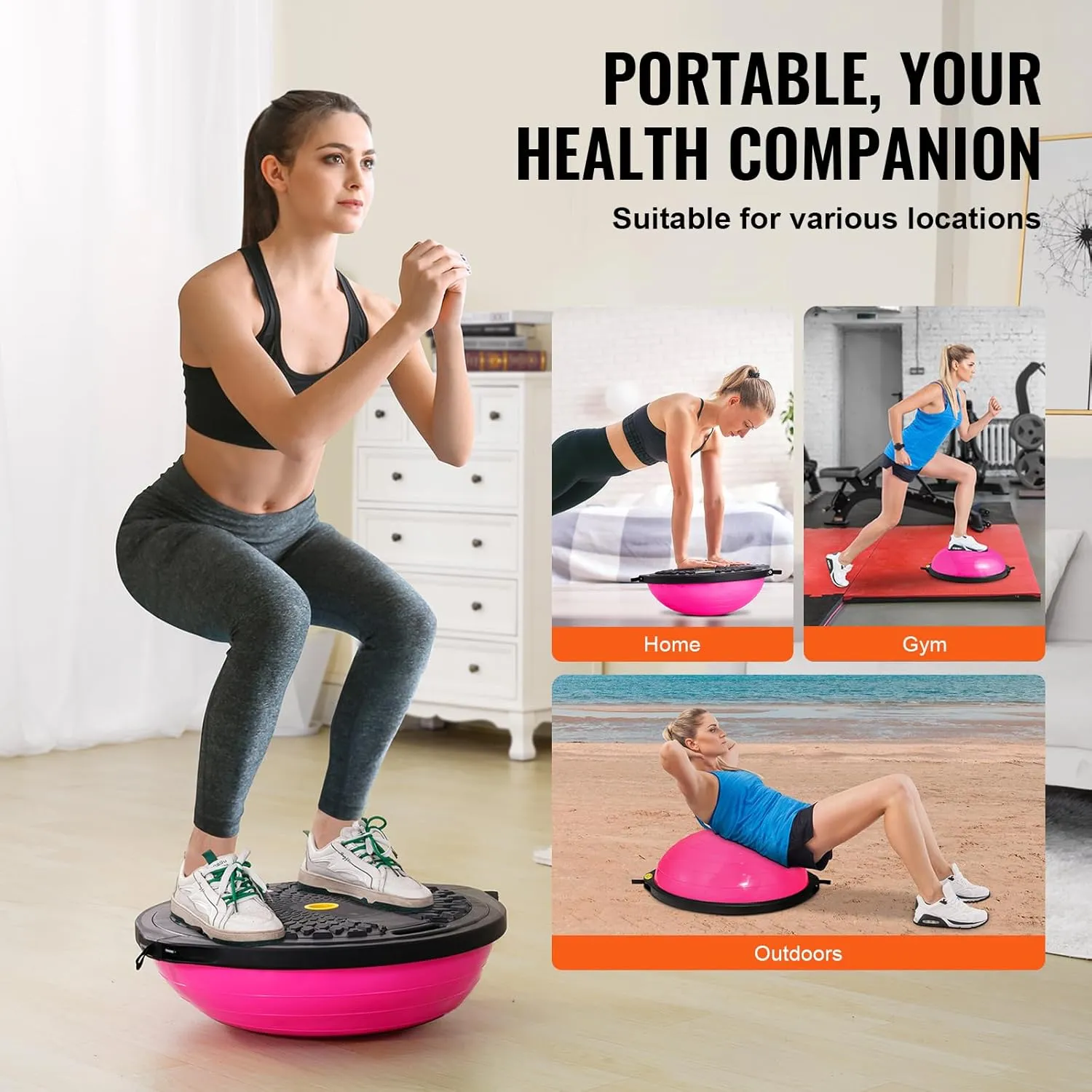 VEVOR Half Exercise Ball Trainer, 23/26 inch Balance Ball Trainer, 1500lbs Capacity Stability Ball, Yoga Ball with Resistance Bands & Foot Pump, Strength Fitness Ball for Home Gym Full Body Workout Black