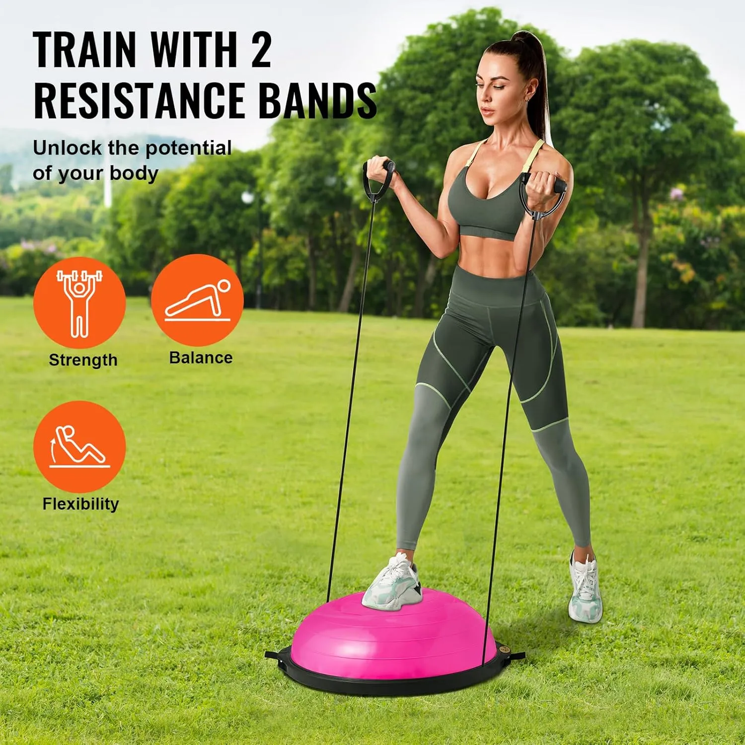 VEVOR Half Exercise Ball Trainer, 23/26 inch Balance Ball Trainer, 1500lbs Capacity Stability Ball, Yoga Ball with Resistance Bands & Foot Pump, Strength Fitness Ball for Home Gym Full Body Workout Black