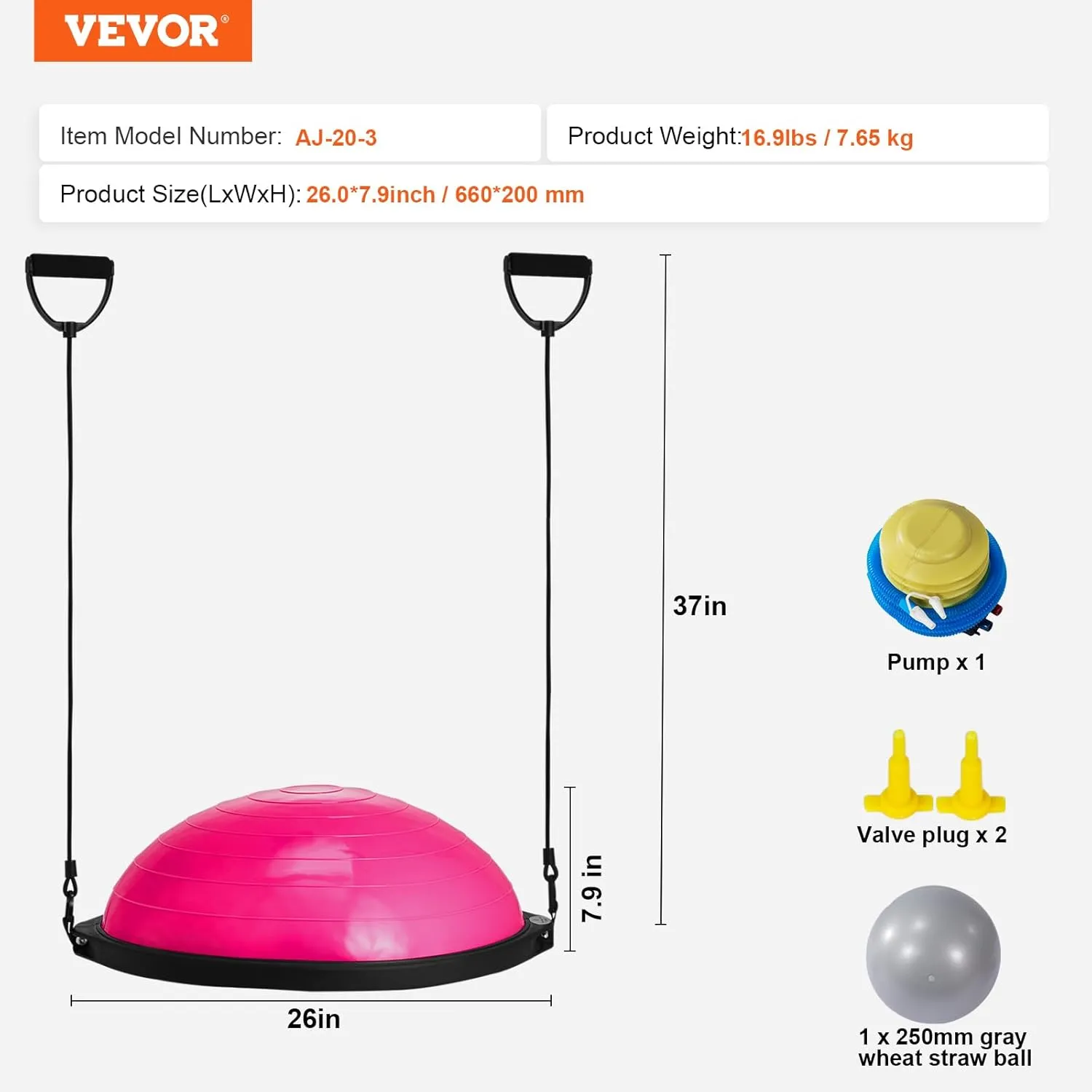 VEVOR Half Exercise Ball Trainer, 23/26 inch Balance Ball Trainer, 1500lbs Capacity Stability Ball, Yoga Ball with Resistance Bands & Foot Pump, Strength Fitness Ball for Home Gym Full Body Workout Black