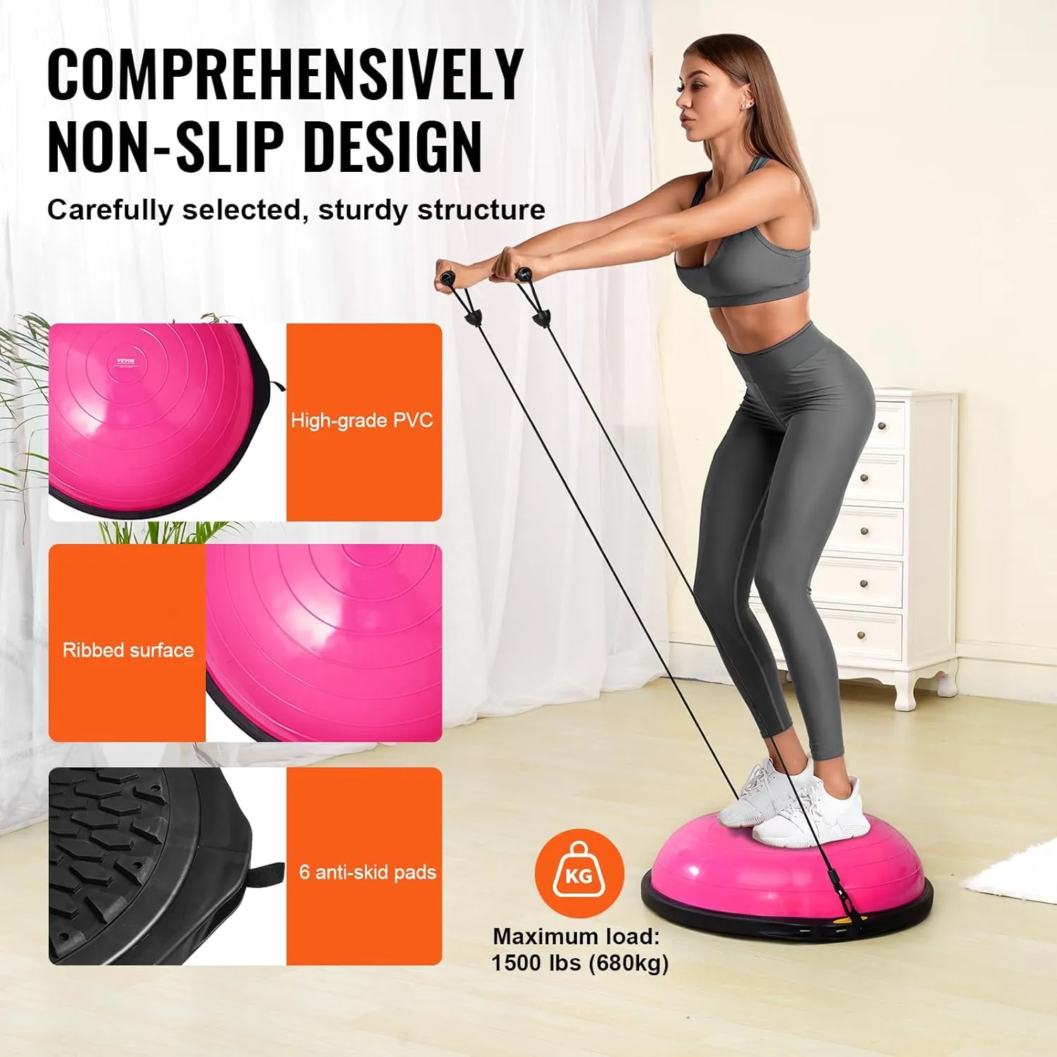 VEVOR Half Exercise Ball Trainer, 23/26 inch Balance Ball Trainer, 1500lbs Capacity Stability Ball, Yoga Ball with Resistance Bands & Foot Pump, Strength Fitness Ball for Home Gym Full Body Workout Black