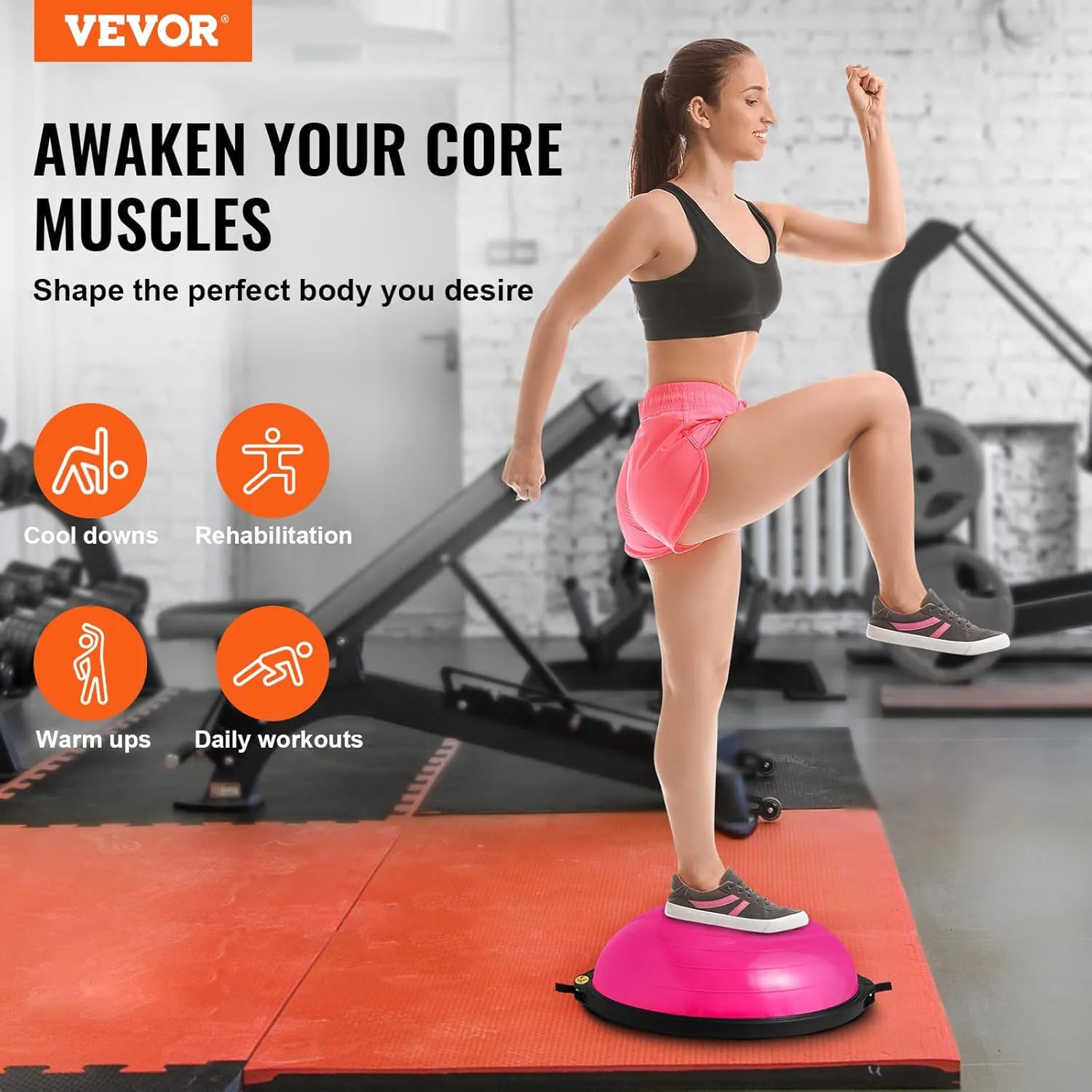 VEVOR Half Exercise Ball Trainer, 23/26 inch Balance Ball Trainer, 1500lbs Capacity Stability Ball, Yoga Ball with Resistance Bands & Foot Pump, Strength Fitness Ball for Home Gym Full Body Workout Black