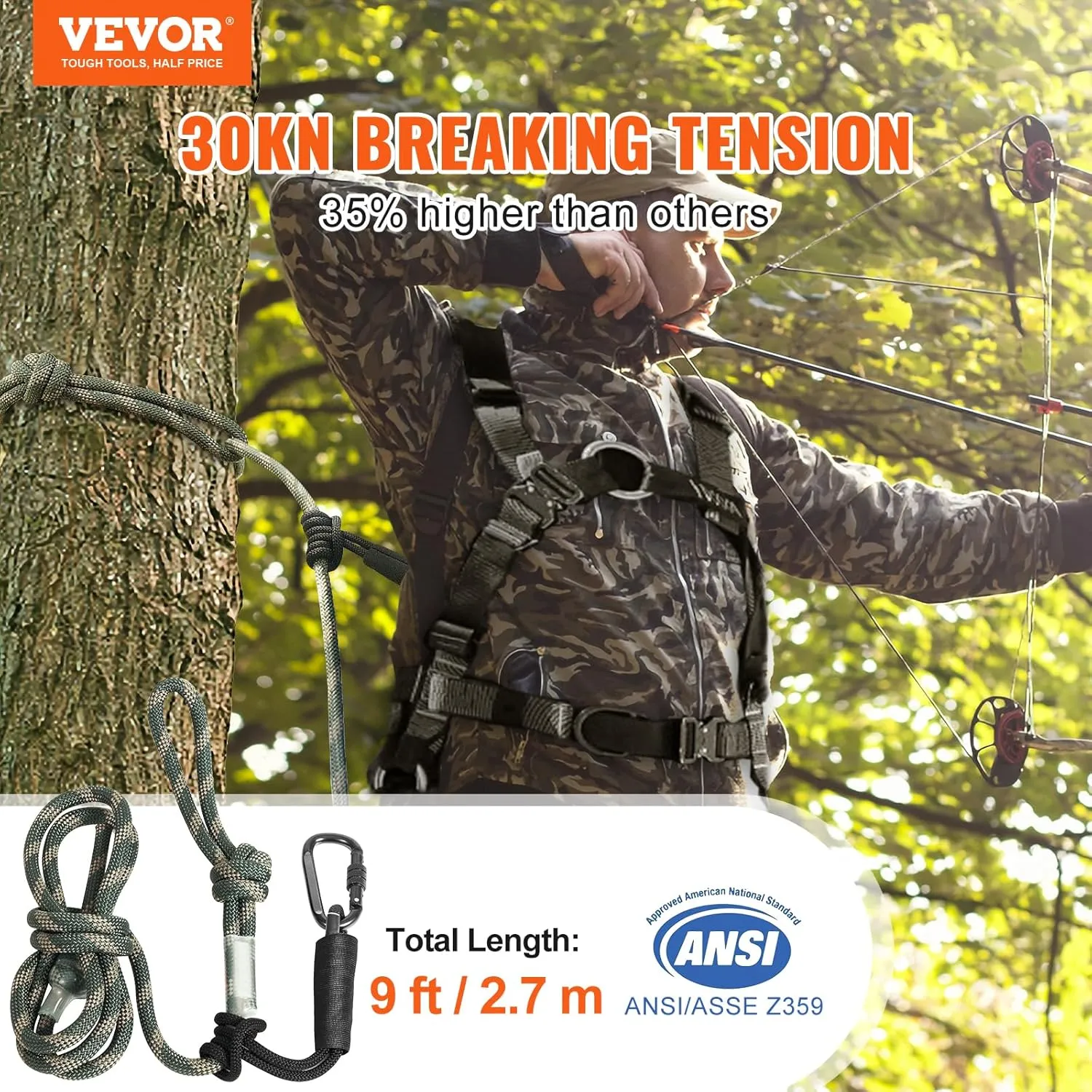 VEVOR Tree Stand Safety Rope, Treestand Lifeline Rope 30KN Breaking Tension, 0.6'' Hunting Safety Line with Prusik Knot, 2pcs Carabiner and Silencer, for Treestrap and Climbing