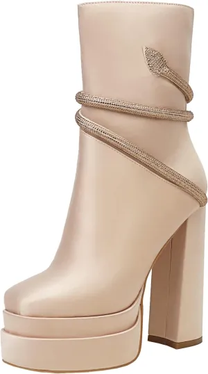vivianly Women's Platform Mid Calf Boots Square Toe Chunky Heel Ankle Boots with Side Zipper Stretch Short Go Go Boot