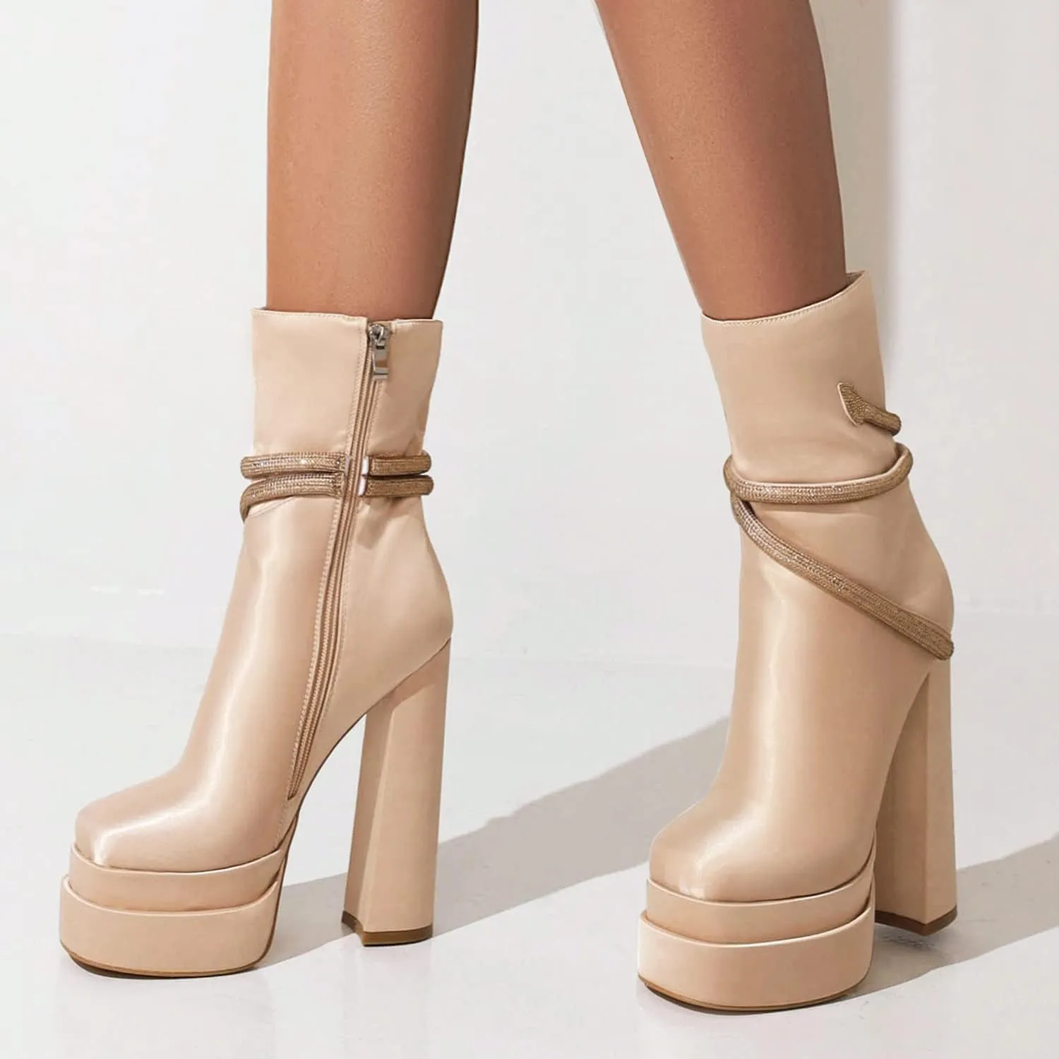 vivianly Women's Platform Mid Calf Boots Square Toe Chunky Heel Ankle Boots with Side Zipper Stretch Short Go Go Boot