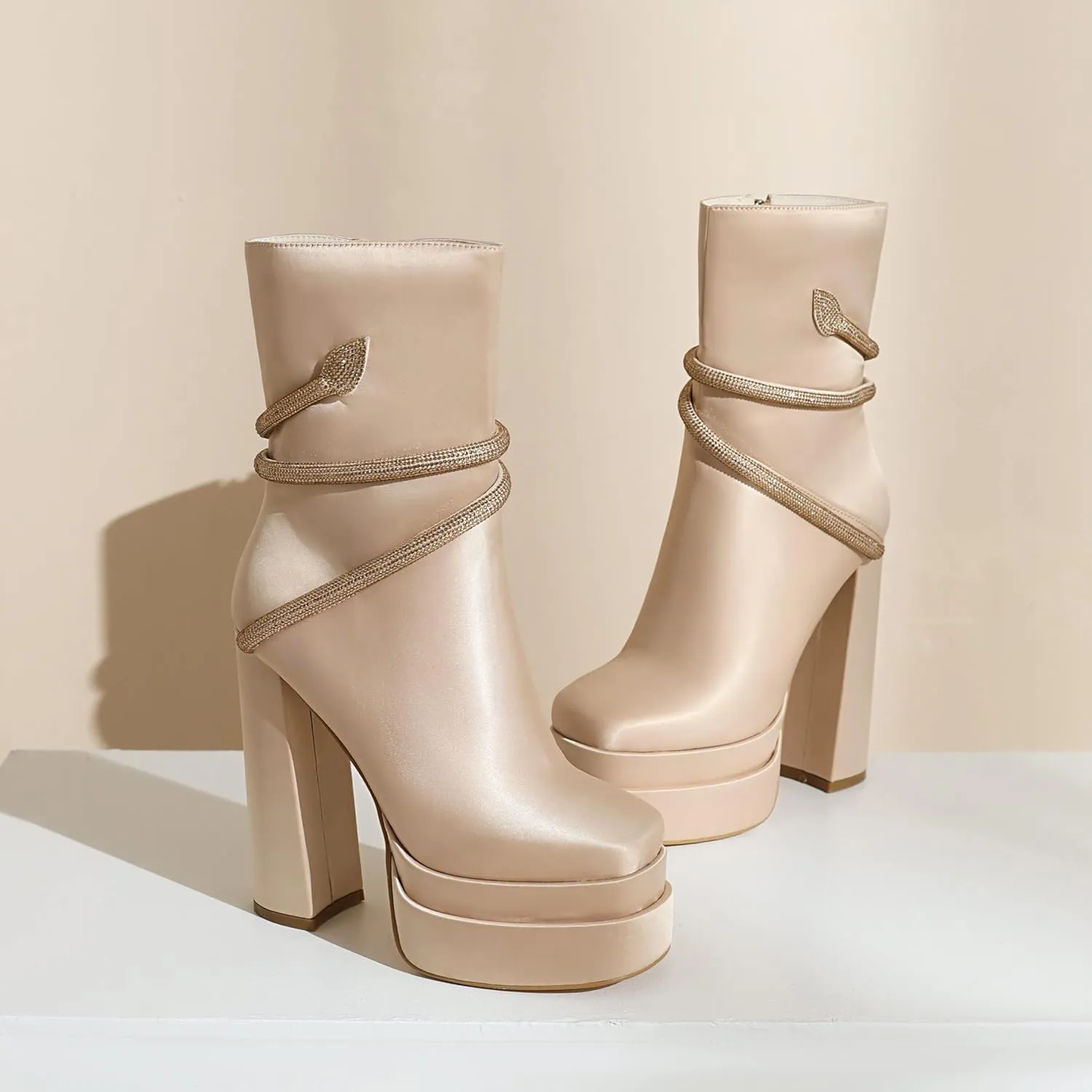 vivianly Women's Platform Mid Calf Boots Square Toe Chunky Heel Ankle Boots with Side Zipper Stretch Short Go Go Boot