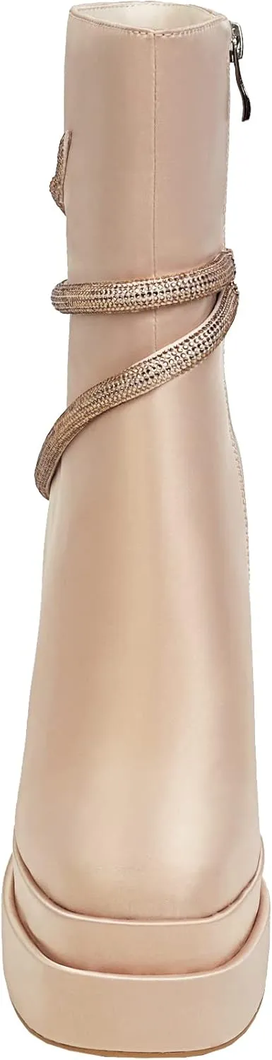vivianly Women's Platform Mid Calf Boots Square Toe Chunky Heel Ankle Boots with Side Zipper Stretch Short Go Go Boot