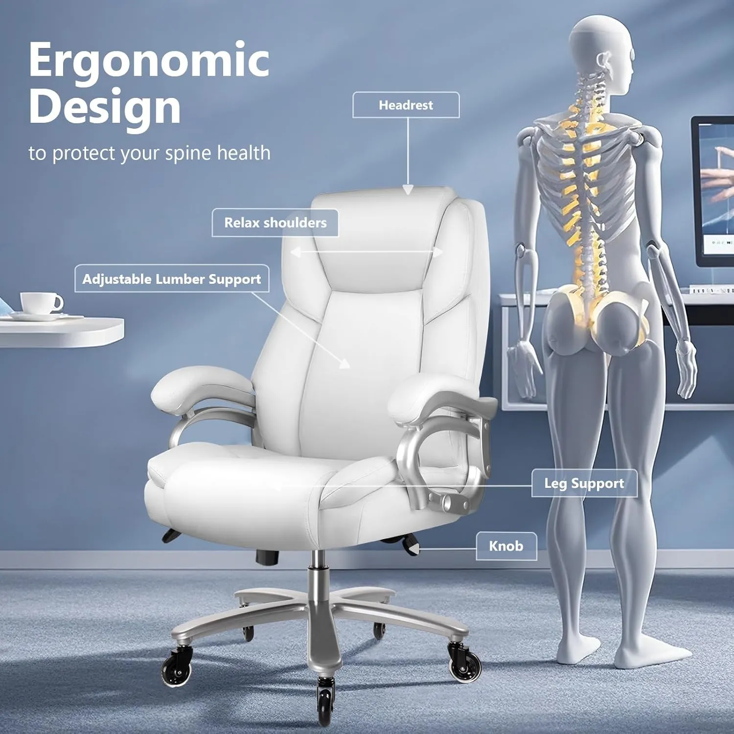 Waleaf 500lbs Big and Tall Office Chair, Heavy Duty Office Chair for Heavy People, Adjustable Ergonomic Lumbar Support Executive, Large High Back and Quiet Rubber Wheels