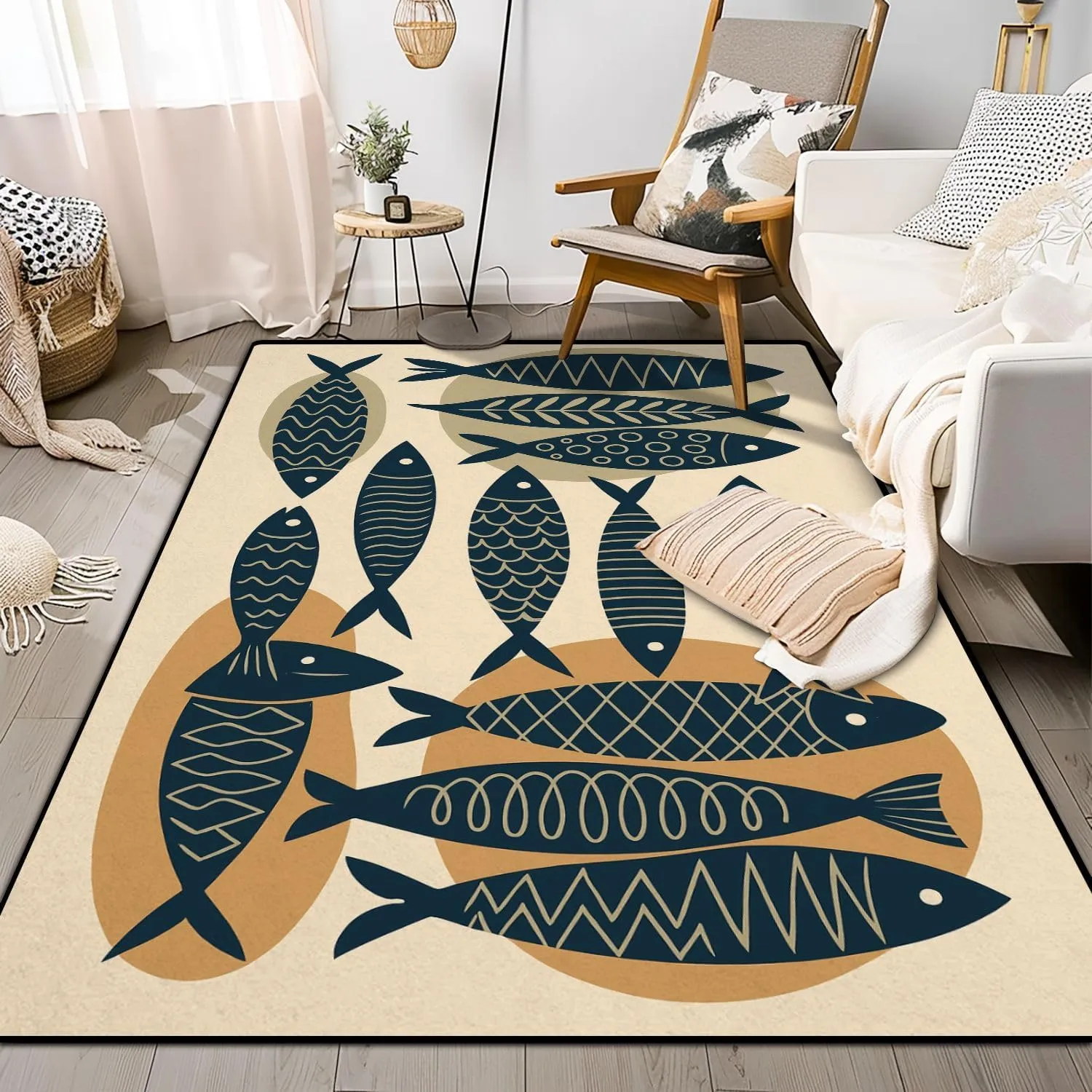 Washable Area Rug Collection Hand Drawn Cute Fish Flat Style Fish Body Icons for Print 4x5.3 Low Pile Throw Rug Non-Slip Non-Shedding Rug Indoor Carpet for Living Room Bedroom Kids Room Home Decor