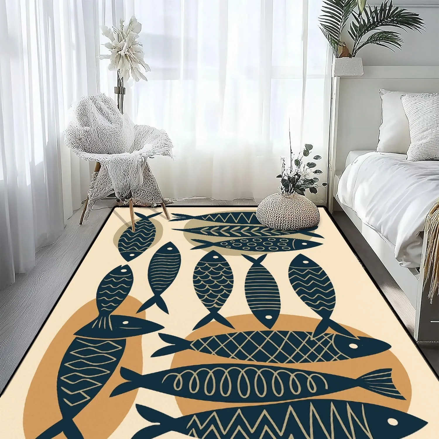 Washable Area Rug Collection Hand Drawn Cute Fish Flat Style Fish Body Icons for Print 4x5.3 Low Pile Throw Rug Non-Slip Non-Shedding Rug Indoor Carpet for Living Room Bedroom Kids Room Home Decor