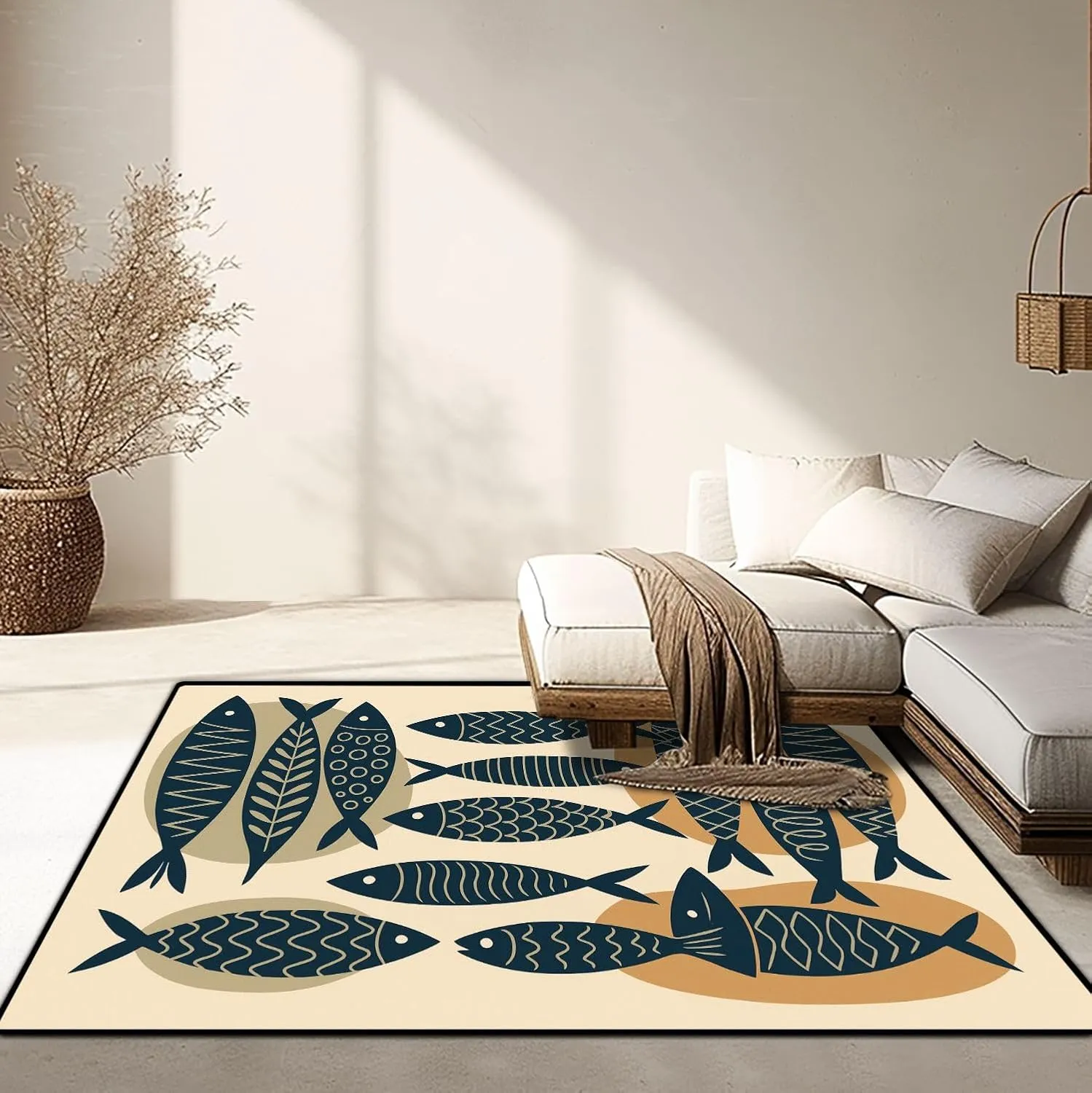 Washable Area Rug Collection Hand Drawn Cute Fish Flat Style Fish Body Icons for Print 4x5.3 Low Pile Throw Rug Non-Slip Non-Shedding Rug Indoor Carpet for Living Room Bedroom Kids Room Home Decor