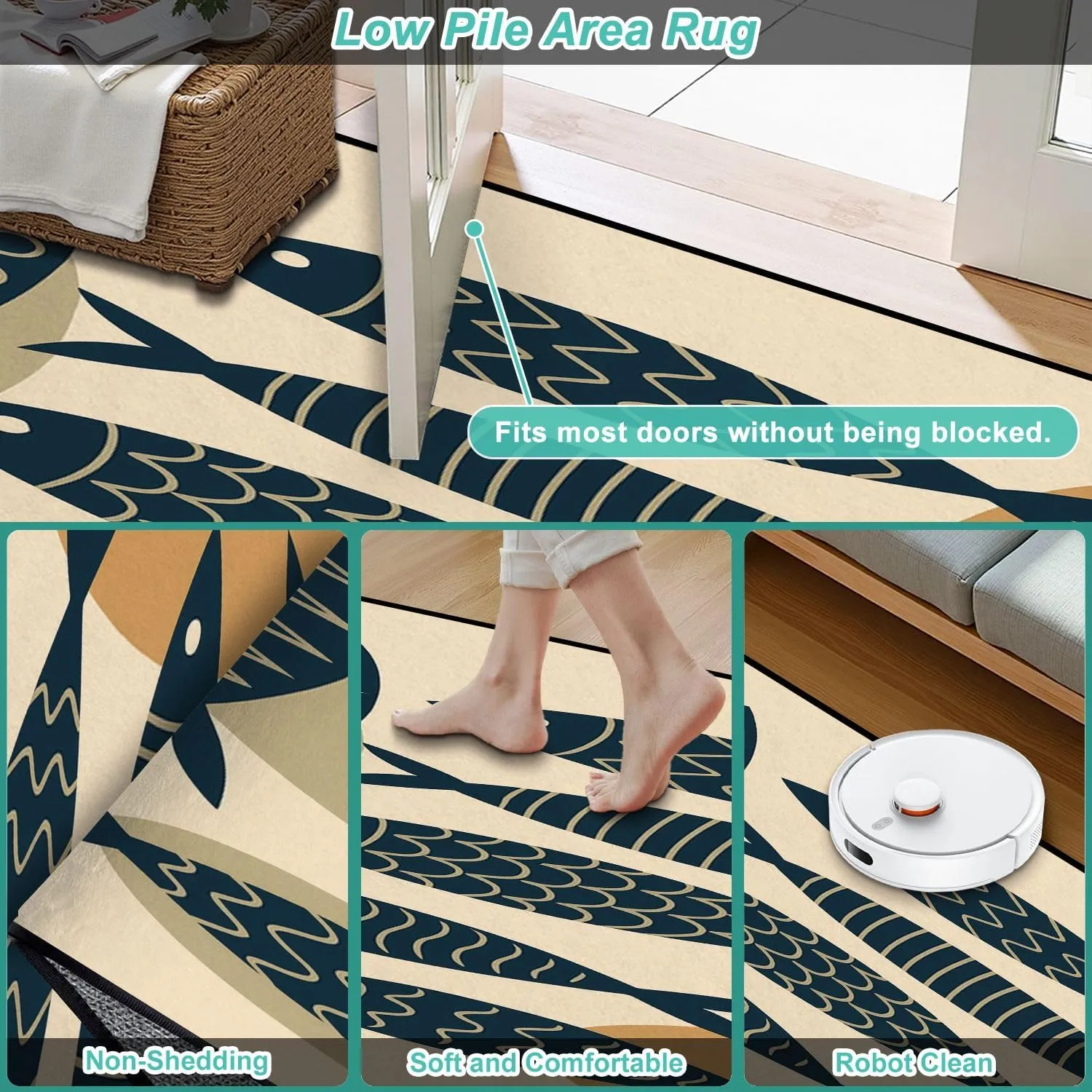Washable Area Rug Collection Hand Drawn Cute Fish Flat Style Fish Body Icons for Print 4x5.3 Low Pile Throw Rug Non-Slip Non-Shedding Rug Indoor Carpet for Living Room Bedroom Kids Room Home Decor