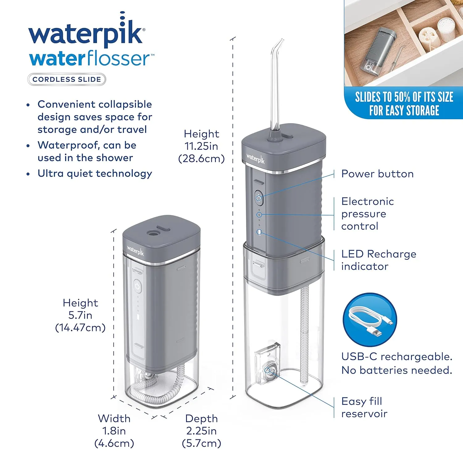 Waterpik Cordless Slide Professional Water Flosser, Portable Collapsible for Travel and Storage, with Travel Bag and 4 Tips, ADA Accepted, Rechargeable and Waterproof, Modern Gray WF-17CD017-1