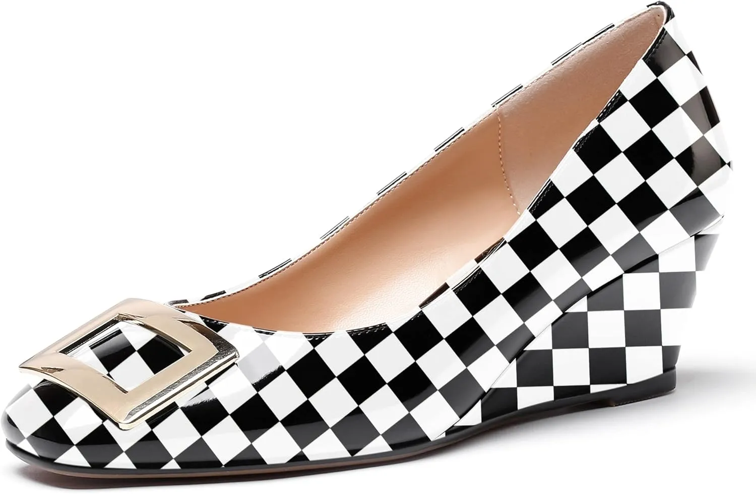 WAYDERNS Women's Patent Gold Metal Buckle Square Toe Slip On Wedge Low Heel Pumps Evening Dress Shoes 2 Inch